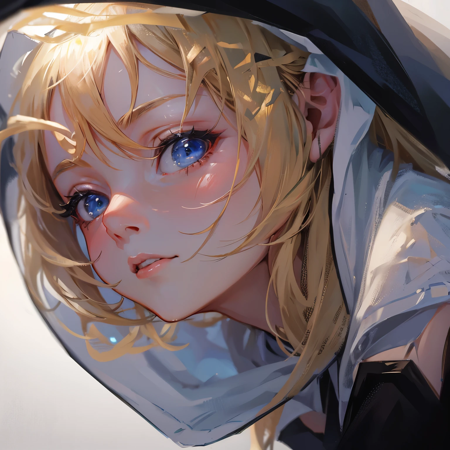 blonde hair、shortcut、Close-up of a woman with a hood on her head, high detailed face anime, pretty anime face, beautiful anime face, detailed anime face, stunning anime face portrait, perfect anime face, detailed anime soft face, anime face, Anime style 3D, Face of Final Fantasy, Photorealistic anime girl rendering, , realistic anime face, cute anime face