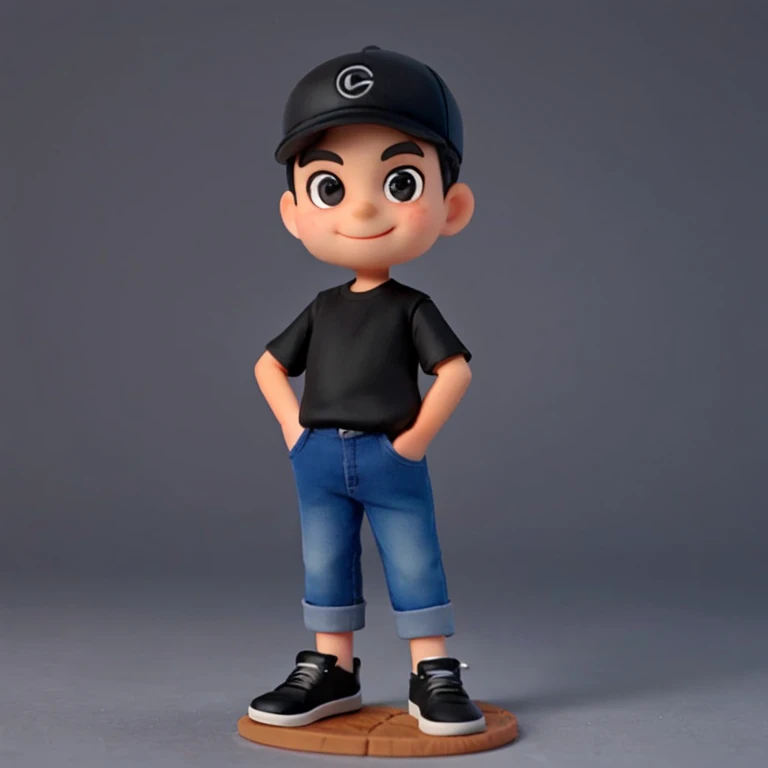 um designer de moda masculino pequeno e bonito , 45 anos, huge head, cabelo curto, face oval,sorriso,ajustar, alto, Wearing a black baseball cap ,wearing Wear black t-shirt and dark blue jeans glasses and black running shoes,figuras de brinquedo, melhor qualidade, desenho animado 3d,full body view, fantasia, sonhe como, Surrealismo, Super fofo, trends on Artstation