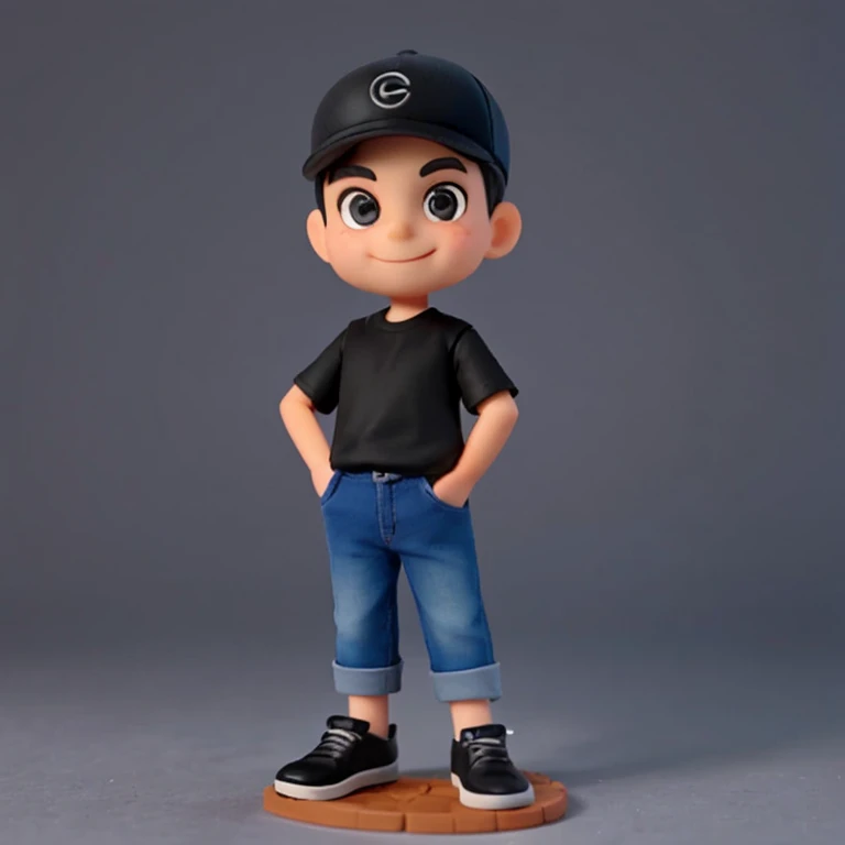 um designer de moda masculino pequeno e bonito , 45 anos, huge head, cabelo curto, face oval，sorriso，ajustar, alto, Wearing a black baseball cap ，wearing Wear black t-shirt and dark blue jeans glasses and black running shoes，figuras de brinquedo, melhor qualidade, desenho animado 3d，full body view, fantasia, sonhe como, Surrealismo, Super fofo, trends on Artstation