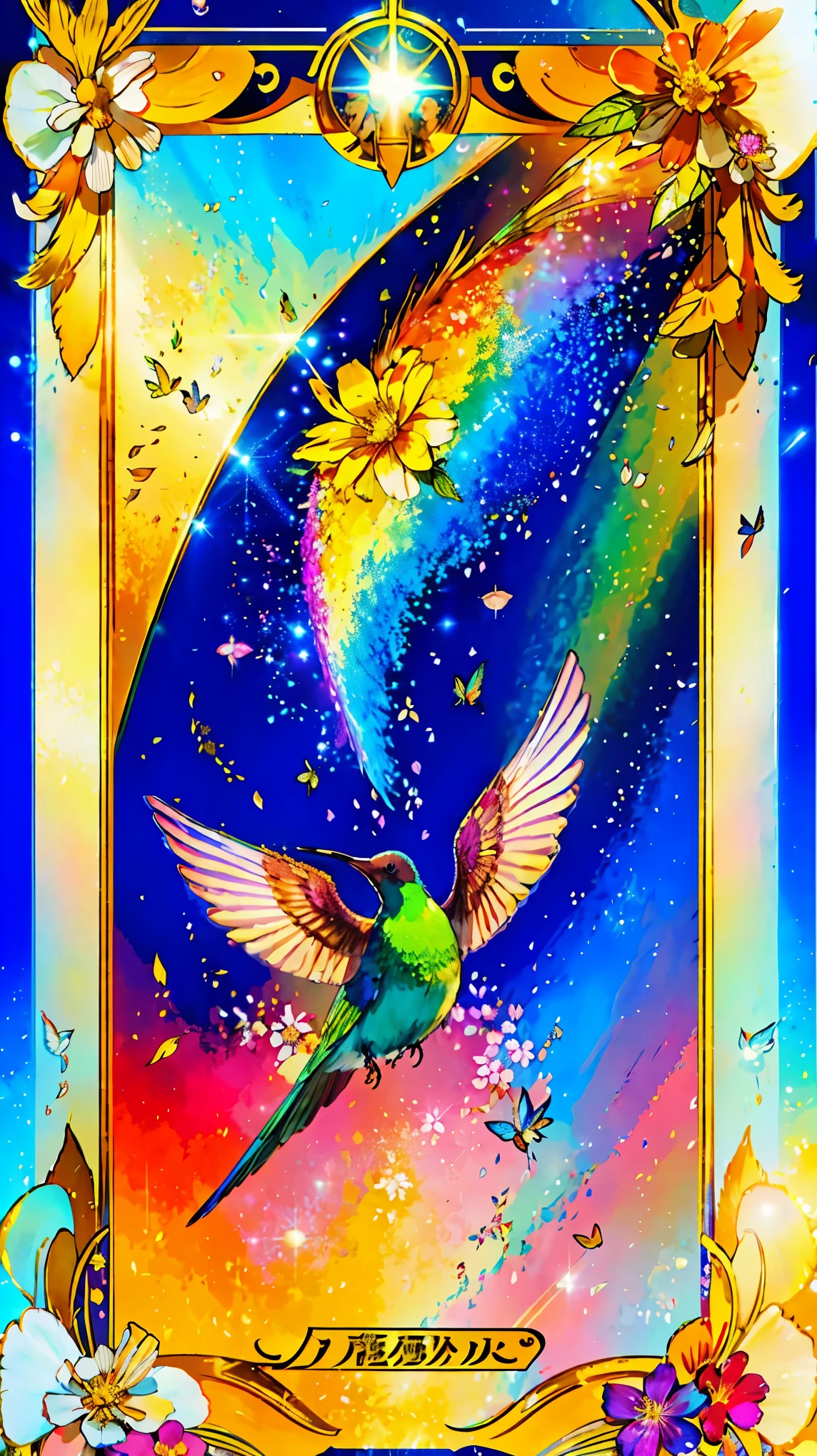 concept:1羽の美しいハチドリがflower nectarを吸う瞬間をとらえたpop art作品です。 quality:(最高quality, 4K, High resolution, masterpiece:1.2), Super detailed, real:1.37, illumination:柔らかで暖かいilluminationが、casts a gentle shadow on the scene。 material:pop art, tarot card design, Other details:colorful hummingbird, 1 hummingbird, flower nectar, beautiful detailed wings, Bright colors, delicate flowers, Detailed plumage, sparkling background, soft natural light, Illustration of movement, Blur, Lens flare, background bokeh, surreal, bright colors,