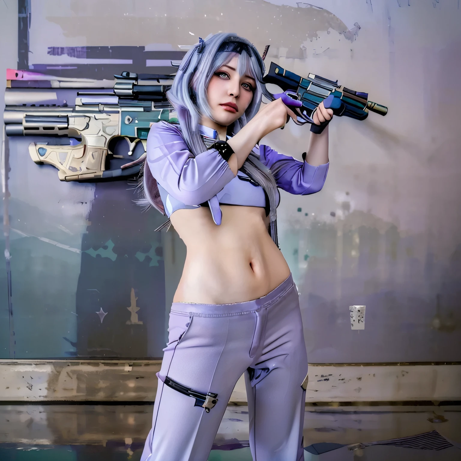 ((masterpiece)), ((best quality)), ((highres)), 1girl, solo, police officer, (matching pants, slacks), city backdrop, (holding and aiming pistol, detailed pistol, glock 22, trigger discipline), standing, medium hair, (purple hair, twintails), (green eyes),