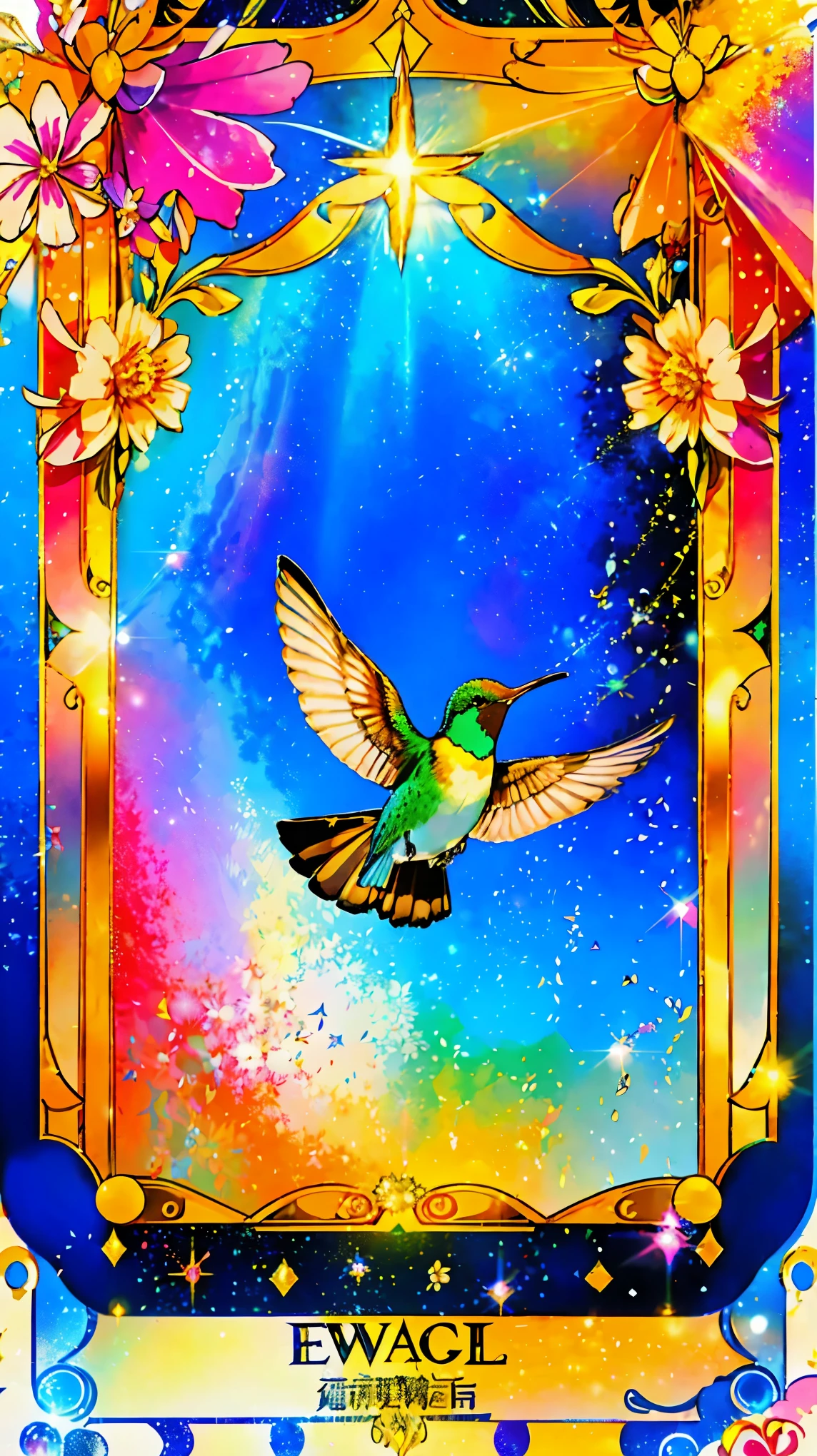 concept:1羽の美しいハチドリがflower nectarを吸う瞬間をとらえたpop art作品です。 quality:(最高quality, 4K, High resolution, masterpiece:1.2), Super detailed, real:1.37, illumination:柔らかで暖かいilluminationが、casts a gentle shadow on the scene。 material:pop art, tarot card design, Other details:colorful hummingbird, 1 hummingbird, flower nectar, beautiful detailed wings, Bright colors, delicate flowers, Detailed plumage, sparkling background, soft natural light, Illustration of movement, Blur, Lens flare, background bokeh, surreal, bright colors,