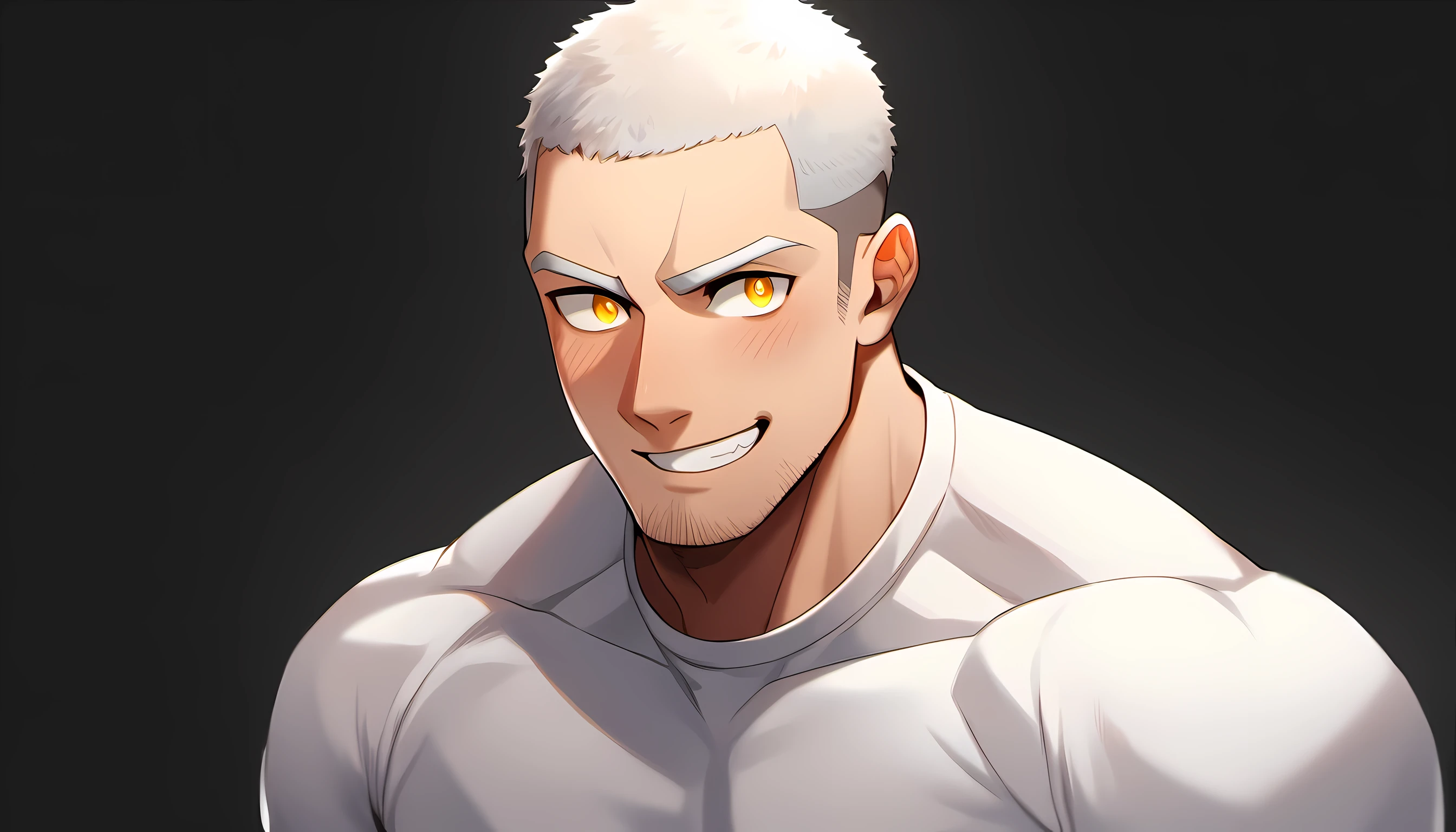 1 young muscular man, male focus, White spandex tight T-shirt, white hair, buzz clip, muscular male, muscular, only, Upper body, alone, white short hair, stubble, yellow eyes, black background, simple background, amazing quality, best aesthetics, Ridiculous, bright pupils, short hair, Smile innocently, blush, best quality