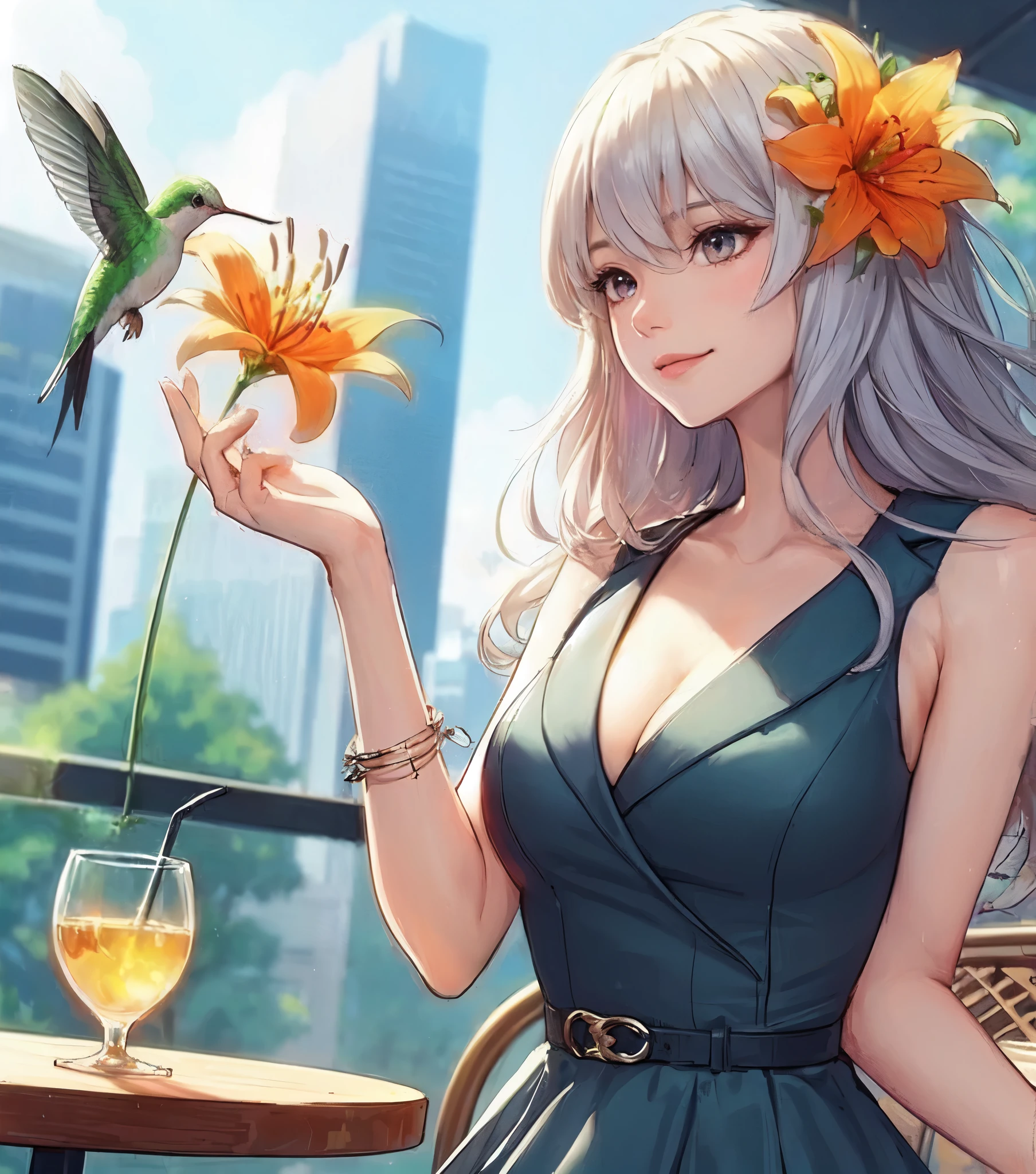 1lady solo, sitting at terrace seat, (gazing at hummingbird:1.2), (peplum) stylish outfit, mature female, /(white hair/) bangs, kind smile, (masterpiece best quality:1.2) (delicate illustration:1.1) ultra-detailed, large breasts BREAK ((hummingbird flying:1.2) nearby flower), (realistic hummingbird:1.1) BREAK (holding orange lily flower) BREAK (fashionable cafe terrace) outdoors, main street, noon, detailed background