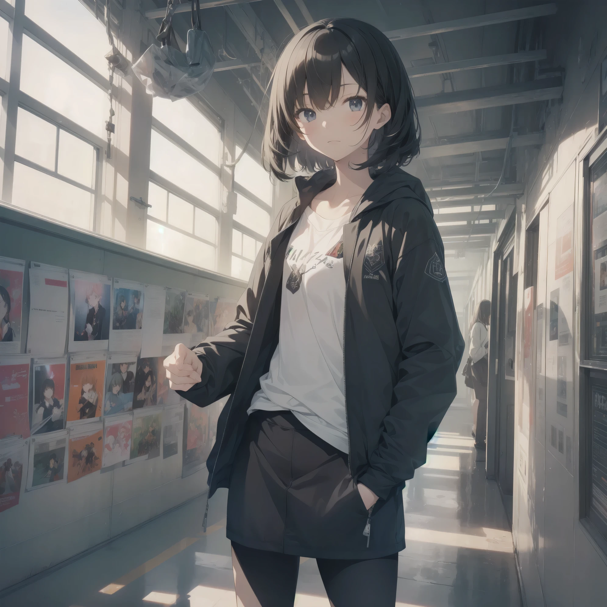 Super absurd quality by the god of art, super detailed, High resolution, anime moe art style, Best Anime 8K Kona-chan Wallpaper, pixiv contest winner, perfect anatomy, break,(眠そうにalone学校へ行く女の子を描いてください. )break,1 girl, (alone,little woman, baby face, :1.3),All limbs, full finger,, The charm of an immature body, (very_short hair), Bang, flat chest, small ass, between legs, small black eyes, detailed and beautiful eyes, Well-proportioned iris and pupils, expressive eyes, sleepy eyes, High resolutionの詳細な髪, neck ribbon, shirt, collared shirt, skirt, pleated skirt, school uniform, school bag,(detailed lighting), (detailed background), On the way to school. break,super dense skin, Best cinematic lighting powered by famous artist, 8k, figure,photoshop_(Moderate),Absurd Hi-Res,Hmm,rough skin,break,((artist:Ixy)),artist:Shinkai_Makoto, artist:Ilya_Kuvshinov,artist:Kirisawa_thirteen