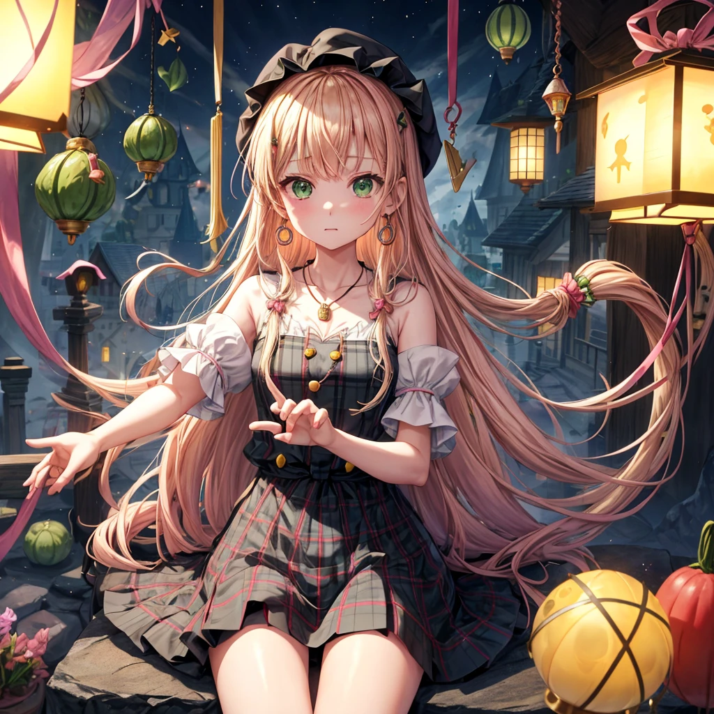 pink blonde、green eyes、one good looking girl、solo、anime、plaid mini skirt、the skirt has buttons、black camisole、black t-shirt、dress、wearing a ribbon、ribbon at waist、cloak、hood、clouds are swirling、stone slabs are piled up、raising one hand、crystal earrings、vegetable garden、monster castle、ceiling、golden key、jewelry necklace、Light and shadow、window、Hundreds of Ghosts at Night、lantern、sitting、legs crossed、mirror、Carrot、asparagus、tomato、green pepper、tunnel、clock、Stuck in the wall、tail、Rubik's Square、steam、Pillars are on fire、wind chimes、universe