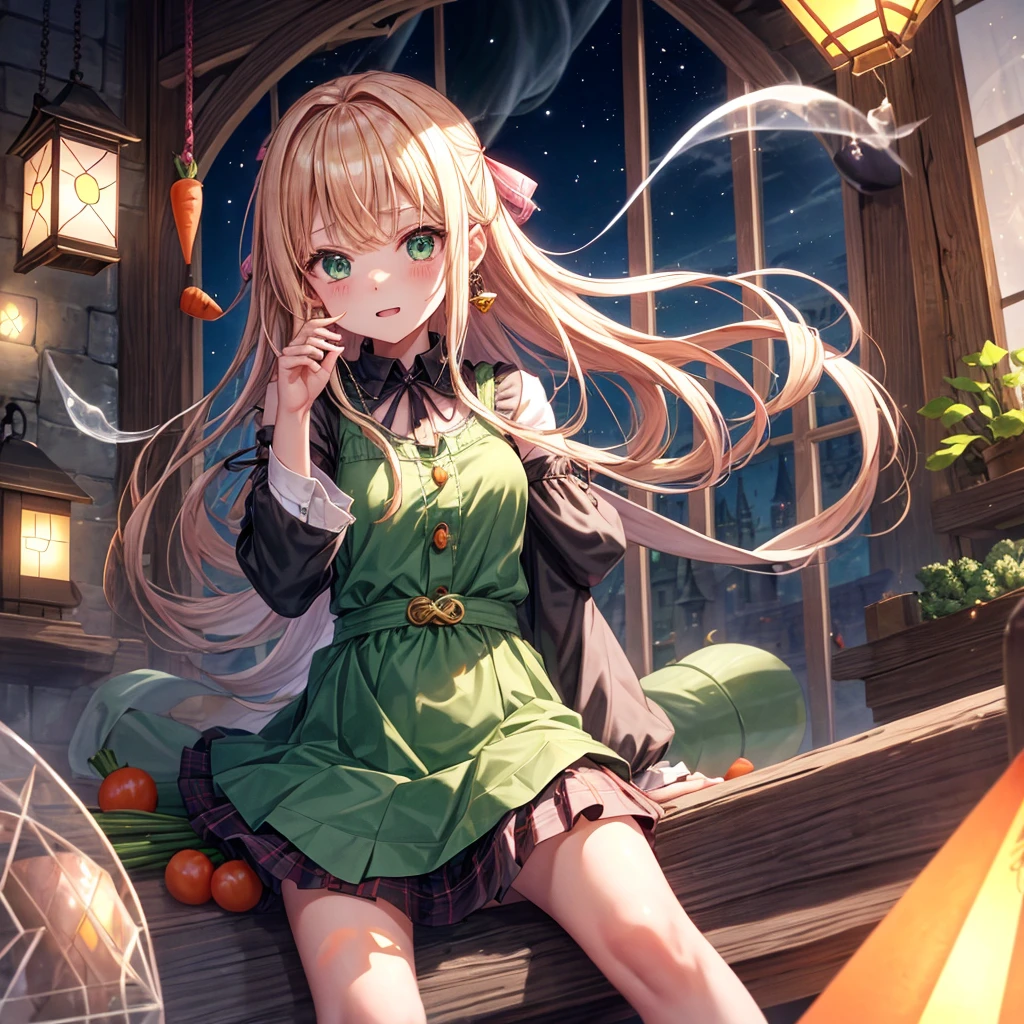 pink blonde、green eyes、one good looking girl、solo、anime、plaid mini skirt、the skirt has buttons、black camisole、black t-shirt、dress、wearing a ribbon、ribbon at waist、cloak、hood、clouds are swirling、stone slabs are piled up、raising one hand、crystal earrings、vegetable garden、monster castle、ceiling、golden key、jewelry necklace、Light and shadow、window、Hundreds of Ghosts at Night、lantern、sitting、legs crossed、mirror、Carrot、asparagus、tomato、green pepper、tunnel、clock、Stuck in the wall、tail、Rubik's Square、steam、Pillars are on fire、wind chimes、universe