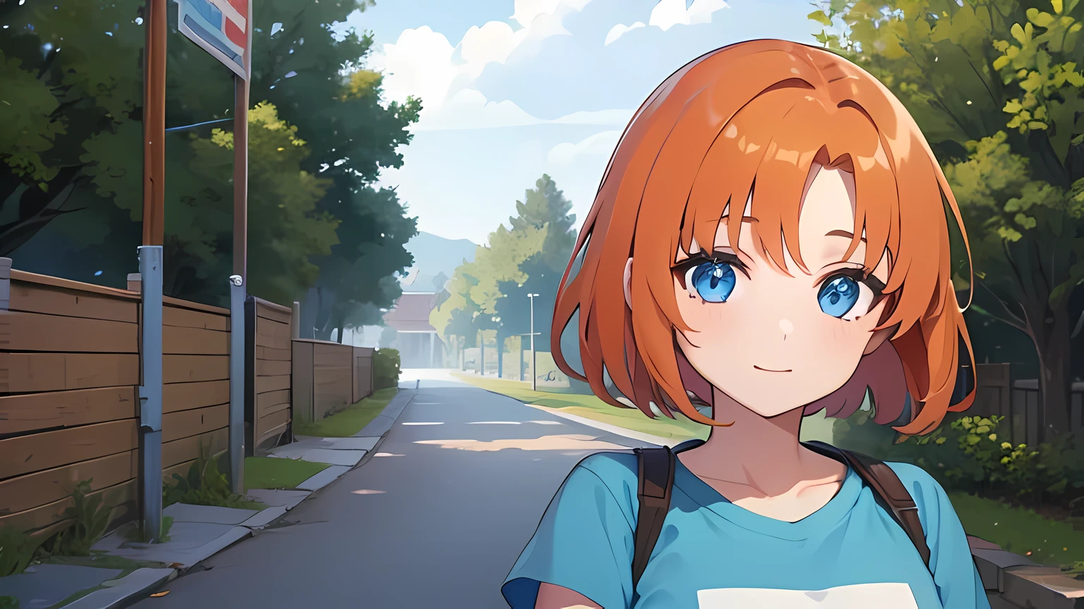 (1 girl), Rûuguu horseradish, orange medium hair, Blue eyes, t-shirt, denim shorts