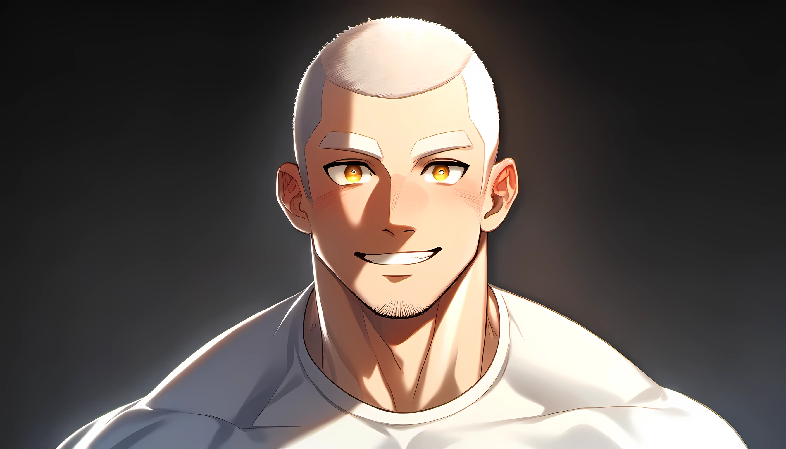 ung muscular man, male focus, Creamy white spandex tight T-shirt, white hair, buzz clip, muscular male, muscular, only, Upper body, alone, white short hair, stubble, yellow eyes, black background, simple background, amazing quality, best aesthetics, Ridiculous, bright pupils, short hair, Smile innocently, blush, matte texture, Exquisite and perfect students, shadow, best quality