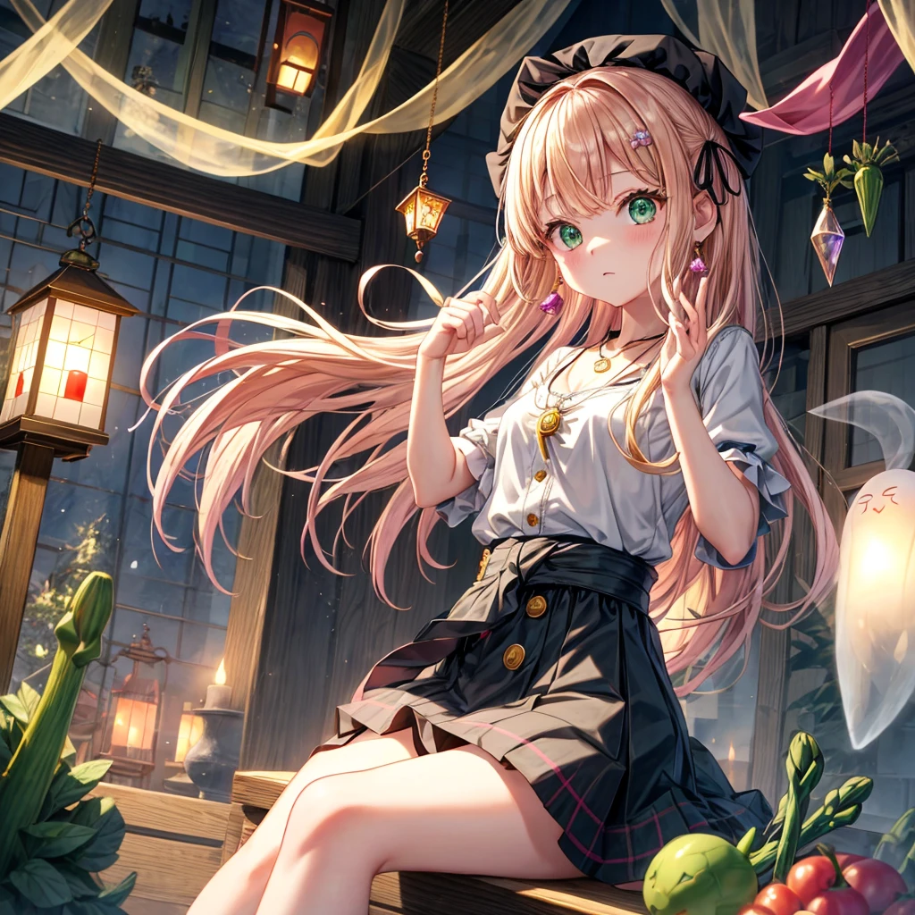 pink blonde、green eyes、one good looking girl、solo、anime、plaid mini skirt、the skirt has buttons、black camisole、black t-shirt、dress、wearing a ribbon、ribbon at waist、cloak、hood、clouds are swirling、stone slabs are piled up、raising one hand、crystal earrings、vegetable garden、monster castle、ceiling、golden key、jewelry necklace、Light and shadow、window、Hundreds of Ghosts at Night、lantern、sitting、legs crossed、mirror、Carrot、asparagus、tomato、green pepper、tunnel、clock、Stuck in the wall、tail、Rubik's Square、steam、Pillars are on fire、wind chimes、universe