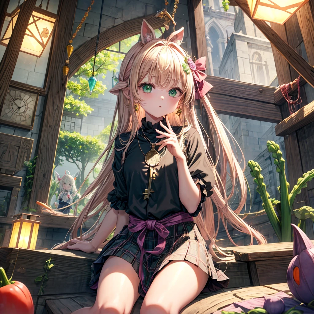 pink blonde、green eyes、one good looking girl、solo、anime、plaid mini skirt、the skirt has buttons、black camisole、black t-shirt、dress、wearing a ribbon、ribbon at waist、cloak、hood、clouds are swirling、stone slabs are piled up、raising one hand、crystal earrings、vegetable garden、monster castle、ceiling、golden key、jewelry necklace、Light and shadow、window、Hundreds of Ghosts at Night、lantern、sitting、legs crossed、mirror、Carrot、asparagus、tomato、green pepper、tunnel、clock、Stuck in the wall、tail、Rubik's Square、steam、Pillars are on fire、wind chimes、universe