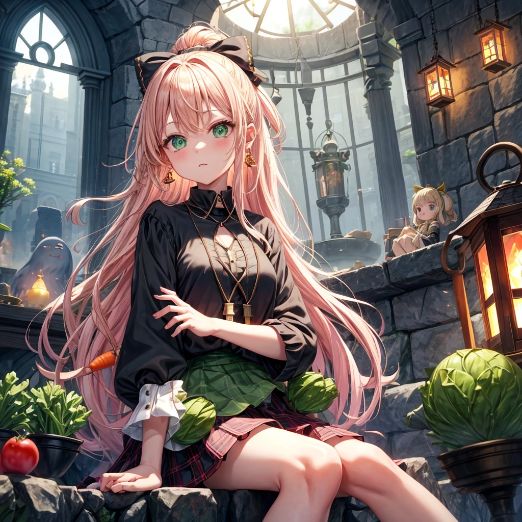 pink blonde、green eyes、one good looking girl、solo、anime、plaid mini skirt、the skirt has buttons、black camisole、black t-shirt、dress、wearing a ribbon、ribbon at waist、cloak、hood、clouds are swirling、stone slabs are piled up、raising one hand、crystal earrings、vegetable garden、monster castle、ceiling、golden key、jewelry necklace、Light and shadow、window、Hundreds of Ghosts at Night、lantern、sitting、legs crossed、mirror、Carrot、asparagus、tomato、green pepper、tunnel、clock、Stuck in the wall、tail、Rubik&#39;s Square、steam、Pillars are on fire、wind chimes、universe