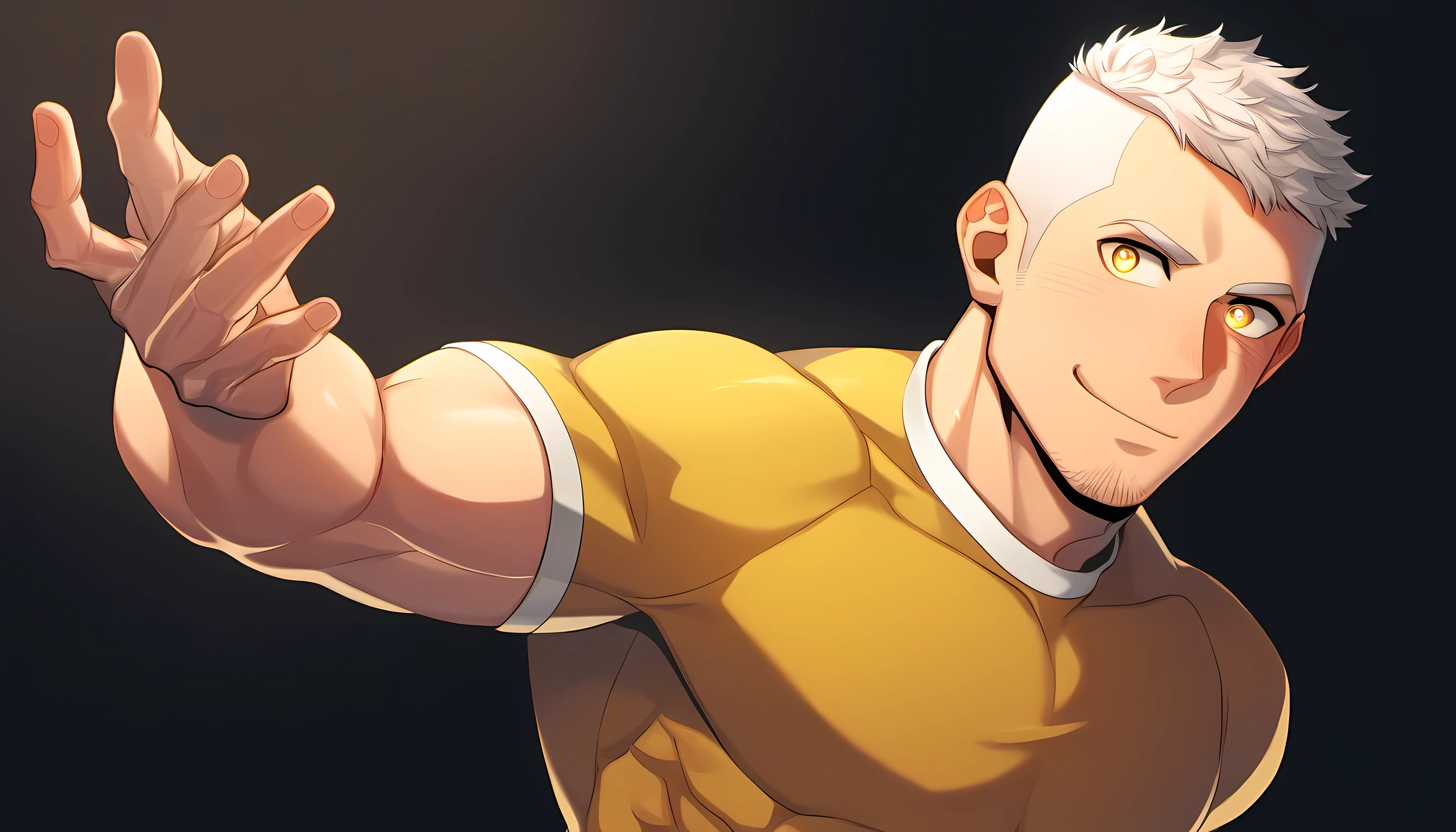 ung muscular man, male focus, Dark yellow spandex tight T-shirt, white hair, buzz clip, muscular male, muscular, only, Upper body, alone, white short hair, stubble, yellow eyes, black background, simple background, amazing quality, best aesthetics, Ridiculous, bright pupils, short hair, Smile innocently, blush, matte texture, Exquisite and perfect students, shadow, best quality