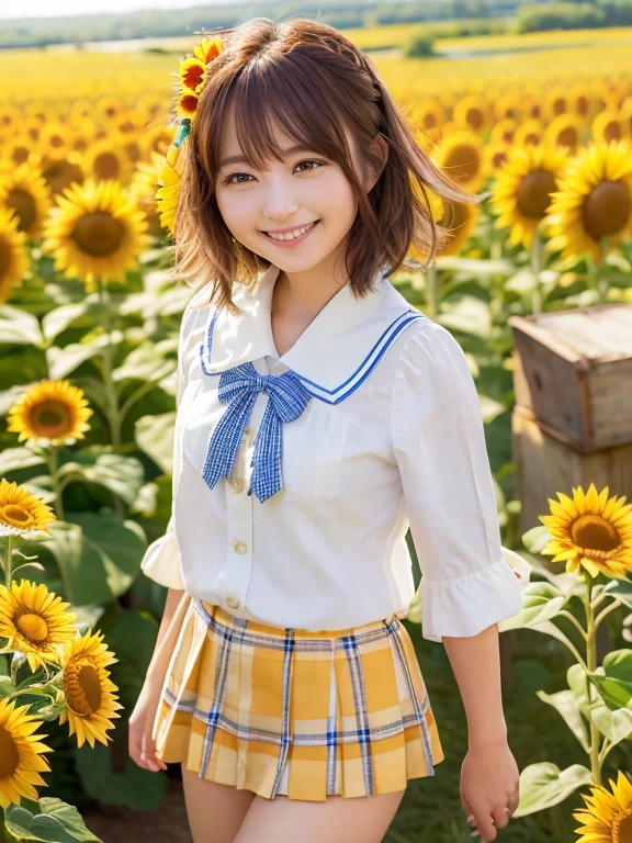 (​masterpiece、highest  quality:1.2), cowboy  shot, solo, 1girl in, honma himawari, a smile, see the beholder, Ahoge, Sunflower hair ornament, a sailor suit、 plaid skirts, sunflowers fields、Live Action、realisitic、a smile