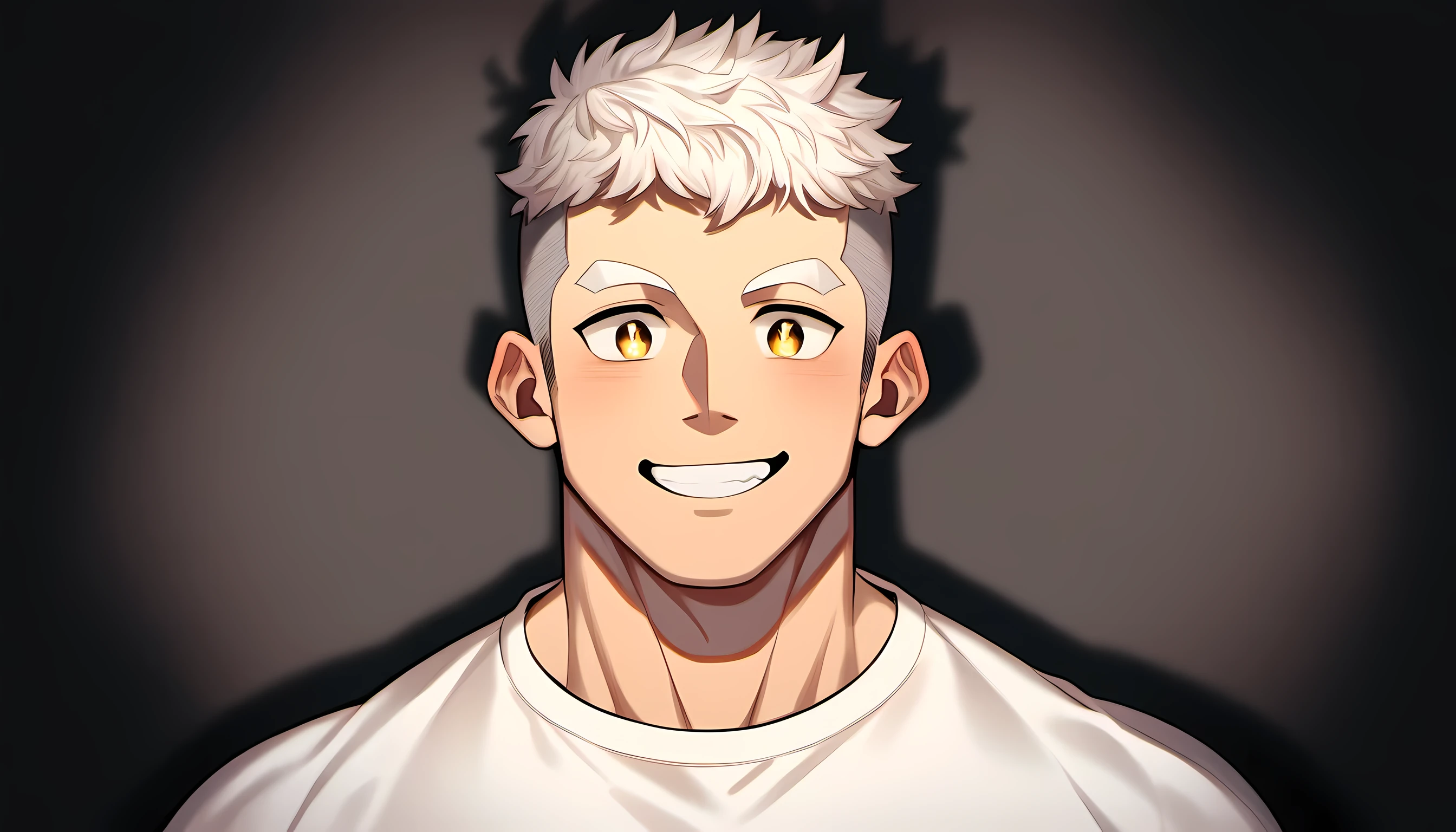 1 young muscular man, male focus, Slightly transparent tight T-shirt, white hair, buzz clip, muscular male, muscular, only, Upper body, alone, white short hair, stubble, yellow eyes, black background, simple background, amazing quality, best aesthetics, Ridiculous, bright pupils, short hair, Smile innocently, blush, matte texture, Exquisite and perfect students, shadow, best quality