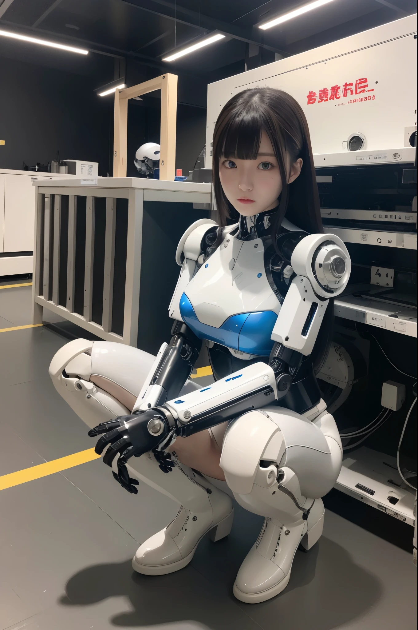 masterpiece, best quality, extremely detailed, Japanese android girl,Plump,control panels,Squat,Mechanical Hand,Robot arms and legs, black sponge joints,blunt bangs,white robot body,ceramic body,white long boots,perfect cyborg girl,charging spot,She is charging now,blue eyes