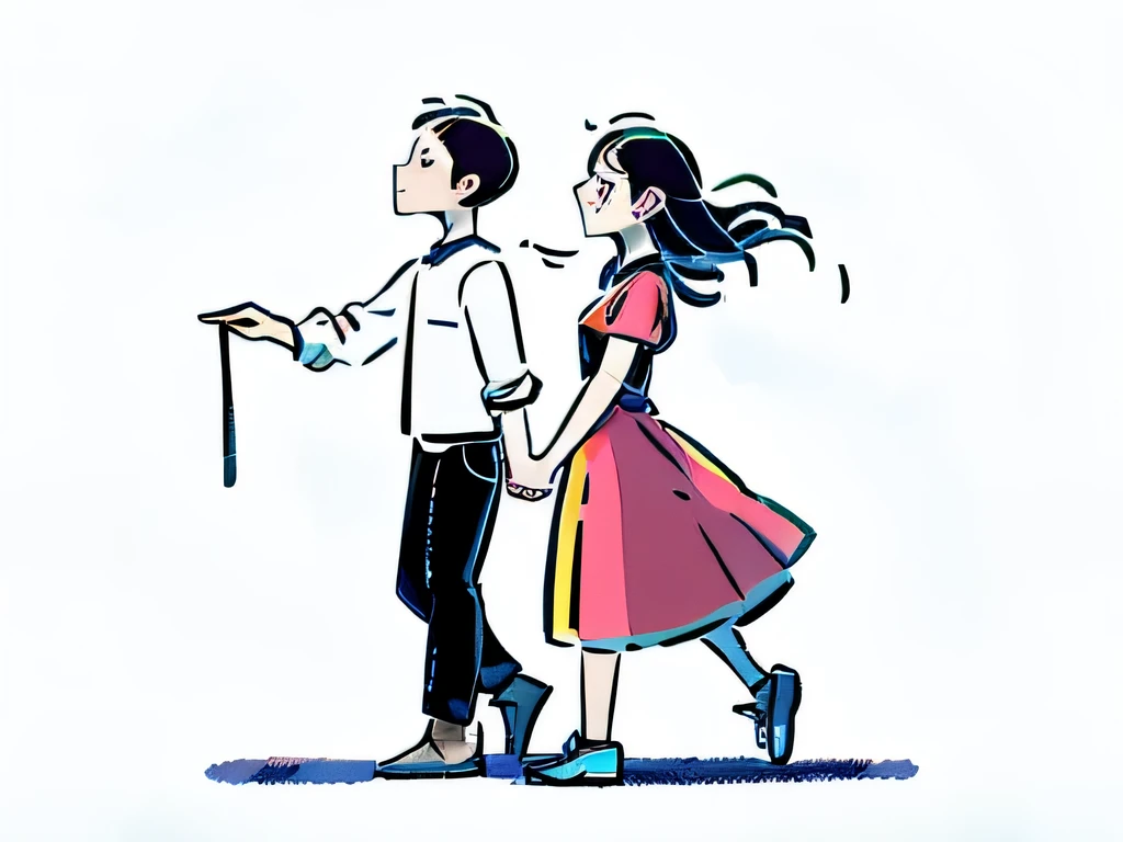 side view illustration of a couple holding each others hands walking through tall grasss, 