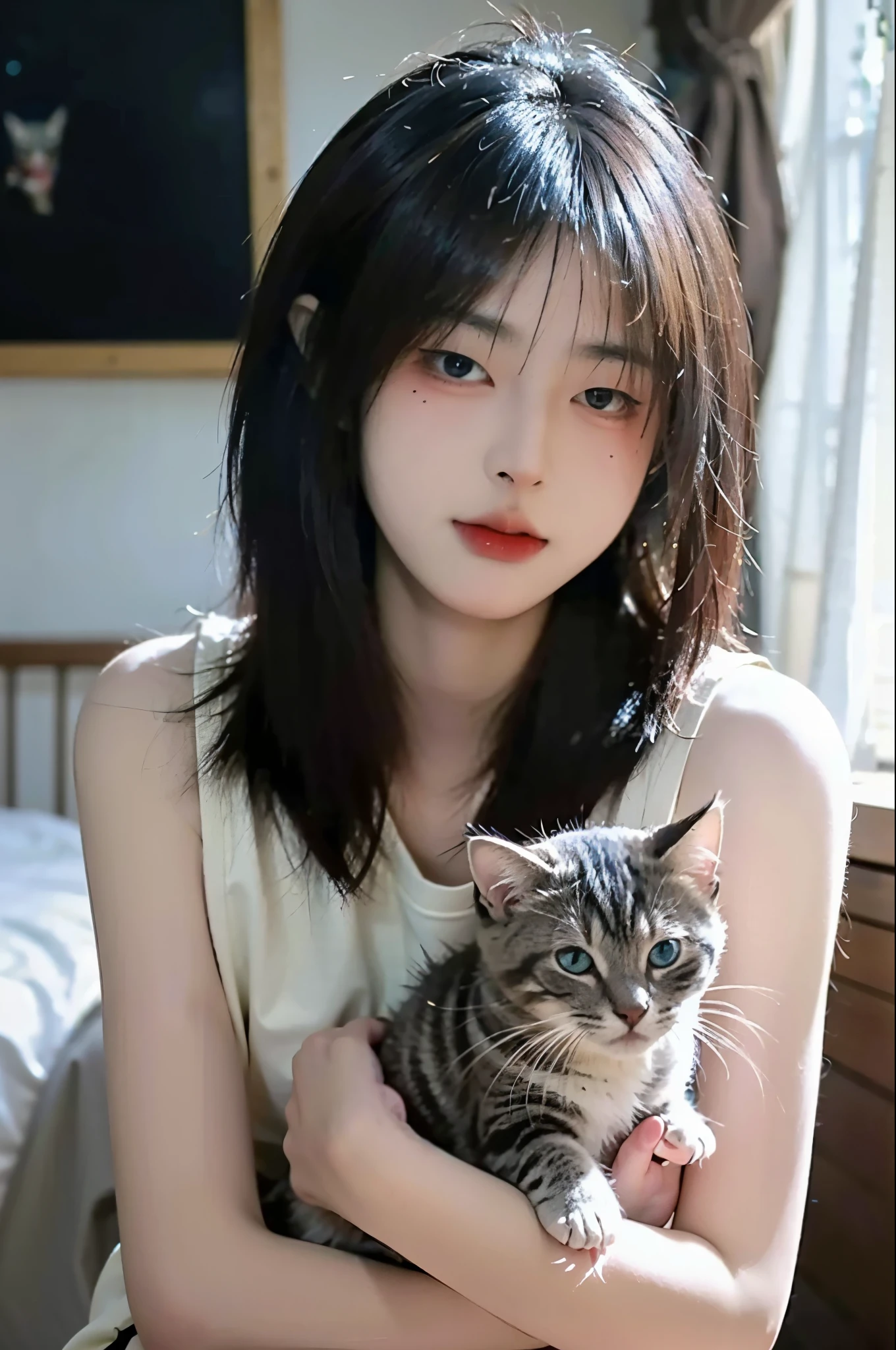 (8k, RAW photo:1.2)detailed face and eyes,最high quality, 超A high resolution, very detailed ,intricate details、bedroom、Holding a kitten、pretty girl , soft movie-like light, hyper detail,sharp focus, high quality, dripping from,smile、