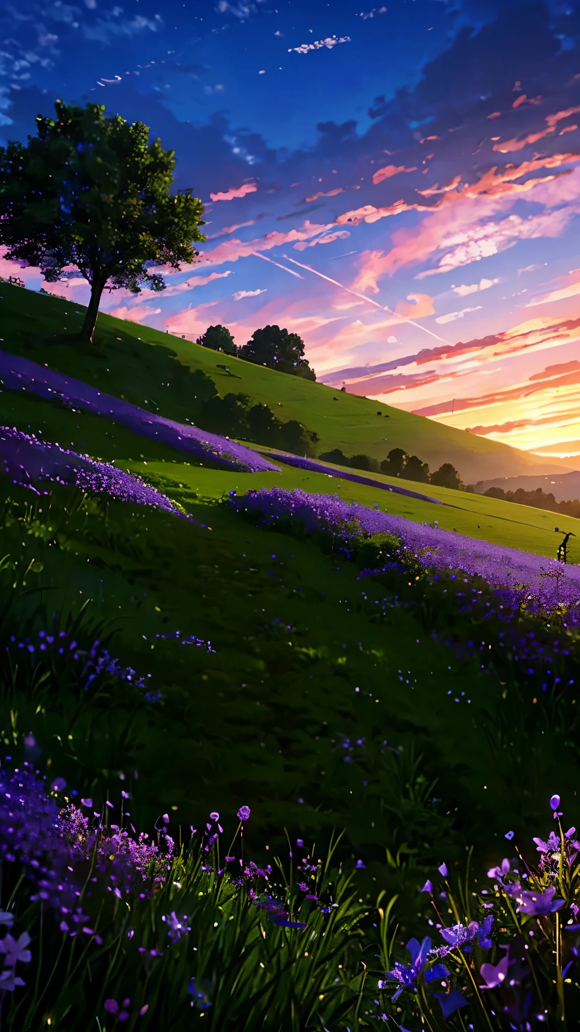 A beautiful evening scenario of a field with a valley , some trees and small purple flowers