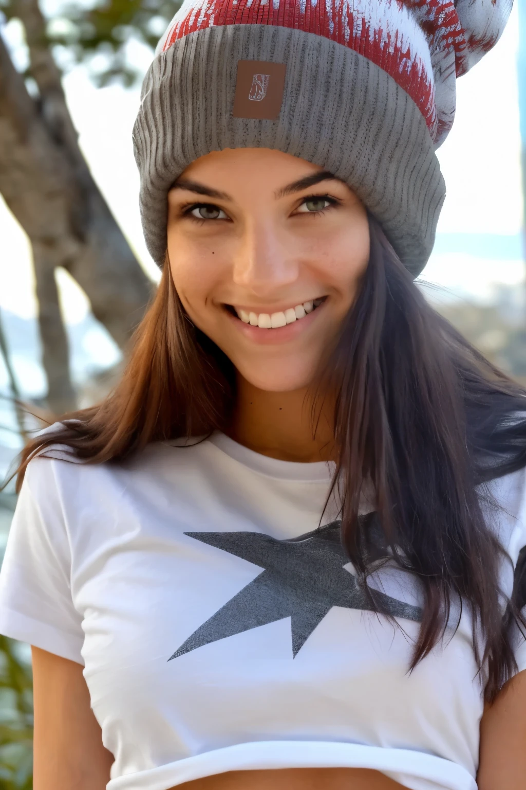 RAW photo of a 25 y.o [[pale]] (american) charismatic supermodel, predator's look, (Design Women's Fashion T-Shirt), red, white and gray colors, bear, Arcs and spirals, Modern painting elements, Slanted elements,, sitting in outdoor cafe,winter ,snowy , ((wearing beanie)), (detailed face), grunge, ((visual kai)), curvy body, large breasts, ((full body)), (high detailed skin:1.2), 8k uhd, dslr, soft lighting, high quality, film grain, Fujifilm XT3