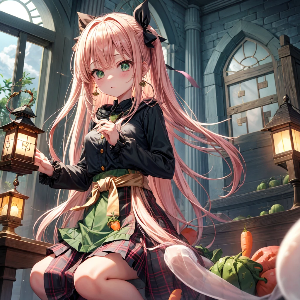pink blonde、green eyes、one good looking girl、solo、anime、plaid mini skirt、the skirt has buttons、black camisole、black t-shirt、dress、wearing a ribbon、ribbon at waist、cloak、hood、clouds are swirling、stone slabs are piled up、raising one hand、crystal earrings、vegetable garden、monster castle、ceiling、golden key、jewelry necklace、Light and shadow、window、Hundreds of Ghosts at Night、lantern、sitting、legs crossed、mirror、Carrot、asparagus、tomato、green pepper、tunnel、clock、Stuck in the wall、tail、Rubik&#39;s Square、steam、Pillars are on fire、wind chimes、universe