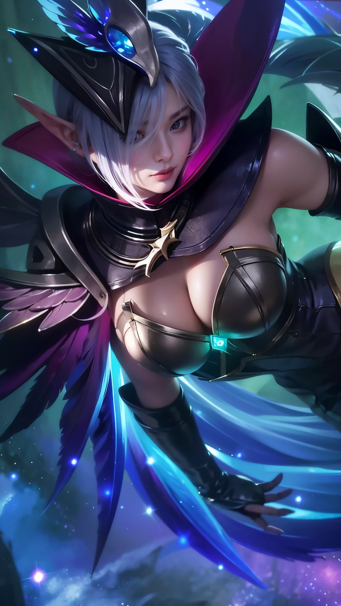 Masterpiece, best picture quality, high quality, beautiful woman, Japanese, popular Korean makeup, detailed, swollen eyes, detailed eyes, detailed skin, beautiful skin, ultra high resolution, (reality: 1.4),very beautiful, slightly younger face, beautiful skin, slender, (ultra realistic), (illustration), (high resolution), (8K), (very detailed) (best illustration), (beautifully detailed eyes), (super detailed), (wallpaper), (detailed face), looking at viewer, fine details, detailed face, pureerosfaceace_v1, smiling, looking straight ahead, looking straight ahead, angle from waist up, realistic photo, bright lighting, professional lighting, blue hair (some of hair part green), long hair, dark ruins, big red moon, gorgeous red and black dress, mature woman, long stylish bangs, elf ear,