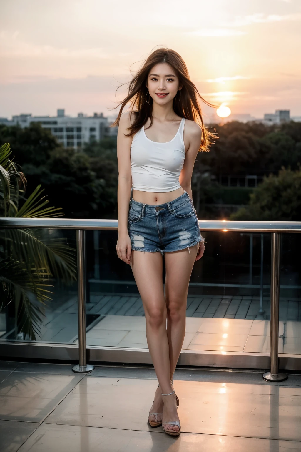 ulzzang-6500-v1.1, (RAW photo:1.2), (Photoreal), beautiful detailed girl, (genuine: 1.4), (muste piece), 1 girl, photo model, smile, focus on the audience, beautiful lighting, highest quality, masterpiece, ultra high resolution, realistic, black hair, short tank top, shorts, super realistic stockings, medium breasts, white skin,( sunset background:1.4), full body shot:1.2