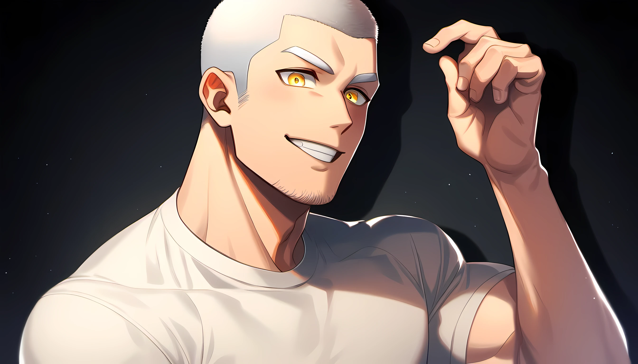1 young muscular man, male focus, Slightly transparent tight T-shirt, white hair, buzz clip, muscular male, muscular, only, Upper body, alone, white short hair, stubble, yellow eyes, black background, simple background, amazing quality, best aesthetics, Ridiculous, bright pupils, short hair, Smile innocently, blush, matte texture, Exquisite and perfect students, shadow, best quality