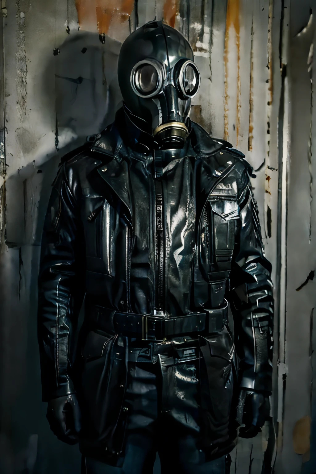 man in a gas mask , she wears a gas mask with blue eyes, retrato de personagem darksynth, personagem sombrio e misterioso, cultista, qualidade, colete kevlar preto, bandoleira, large sniper rifle on the back, jovem de *******, luvas pretas