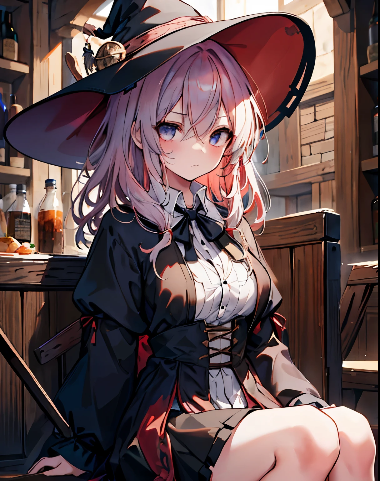 masterpiece,1girl, sparrow, a red haired girl, wearing a medieval clothes, curly medium hair, messy hair, black skirt, slim body, wearing witch hat, big breasts, she close her left eye, shirt ornament, lolippai, angry expression, beautiful breasts, rounded breasts, crimson eyes, dress, miniskirt, sit in medieval tavern, ahoge, breast armor