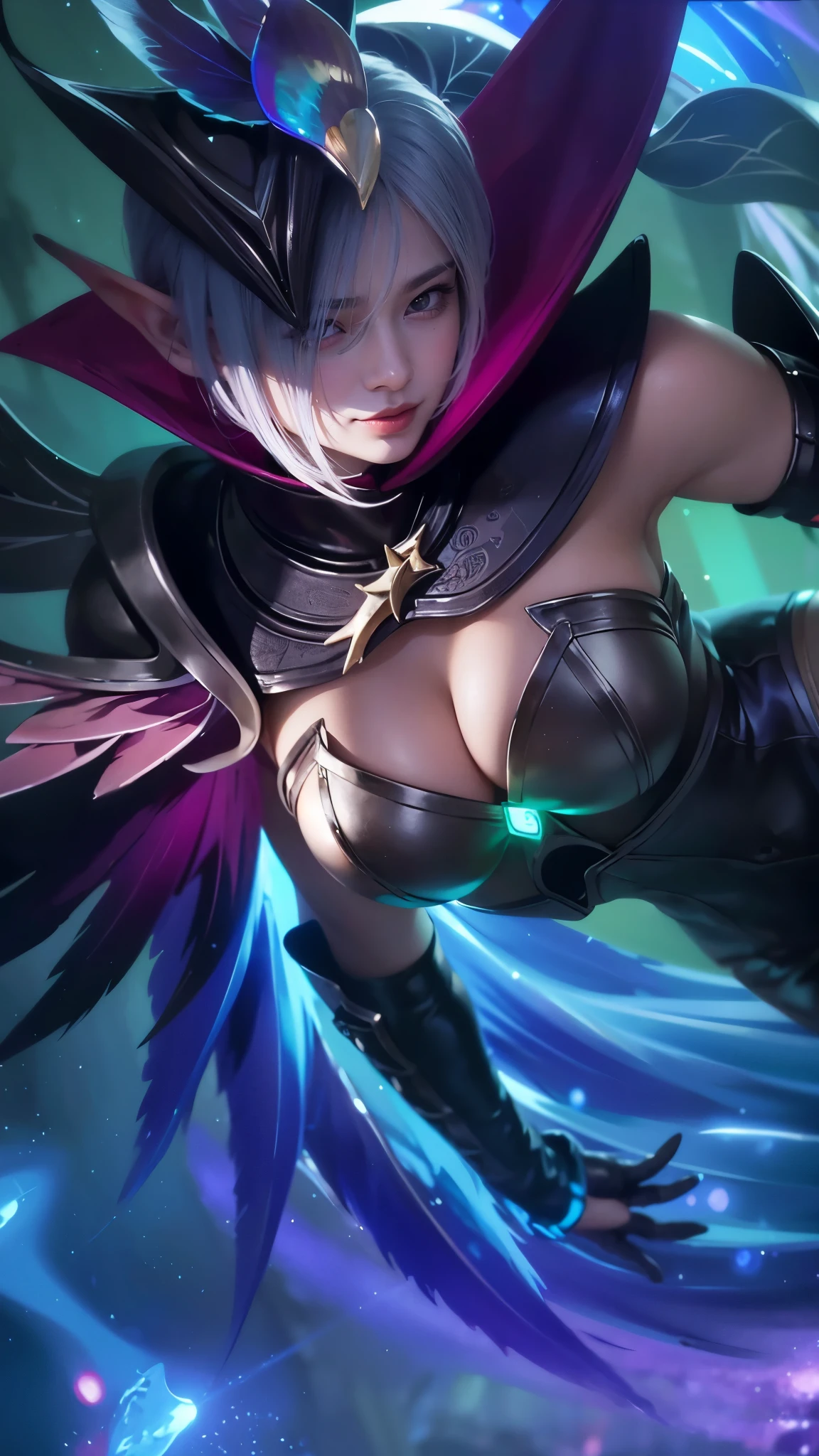 Masterpiece, best picture quality, high quality, beautiful woman, Japanese, popular Korean makeup, detailed, swollen eyes, detailed eyes, detailed skin, beautiful skin, ultra high resolution, (reality: 1.4),very beautiful, slightly younger face, beautiful skin, slender, (ultra realistic), (illustration), (high resolution), (8K), (very detailed) (best illustration), (beautifully detailed eyes), (super detailed), (wallpaper), (detailed face), looking at viewer, fine details, detailed face, pureerosfaceace_v1, smiling, looking straight ahead, looking straight ahead, angle from waist up, realistic photo, bright lighting, professional lighting, blue hair (some of hair part green), long hair, dark ruins, big red moon, gorgeous red and black dress, mature woman, long stylish bangs, elf ear,
