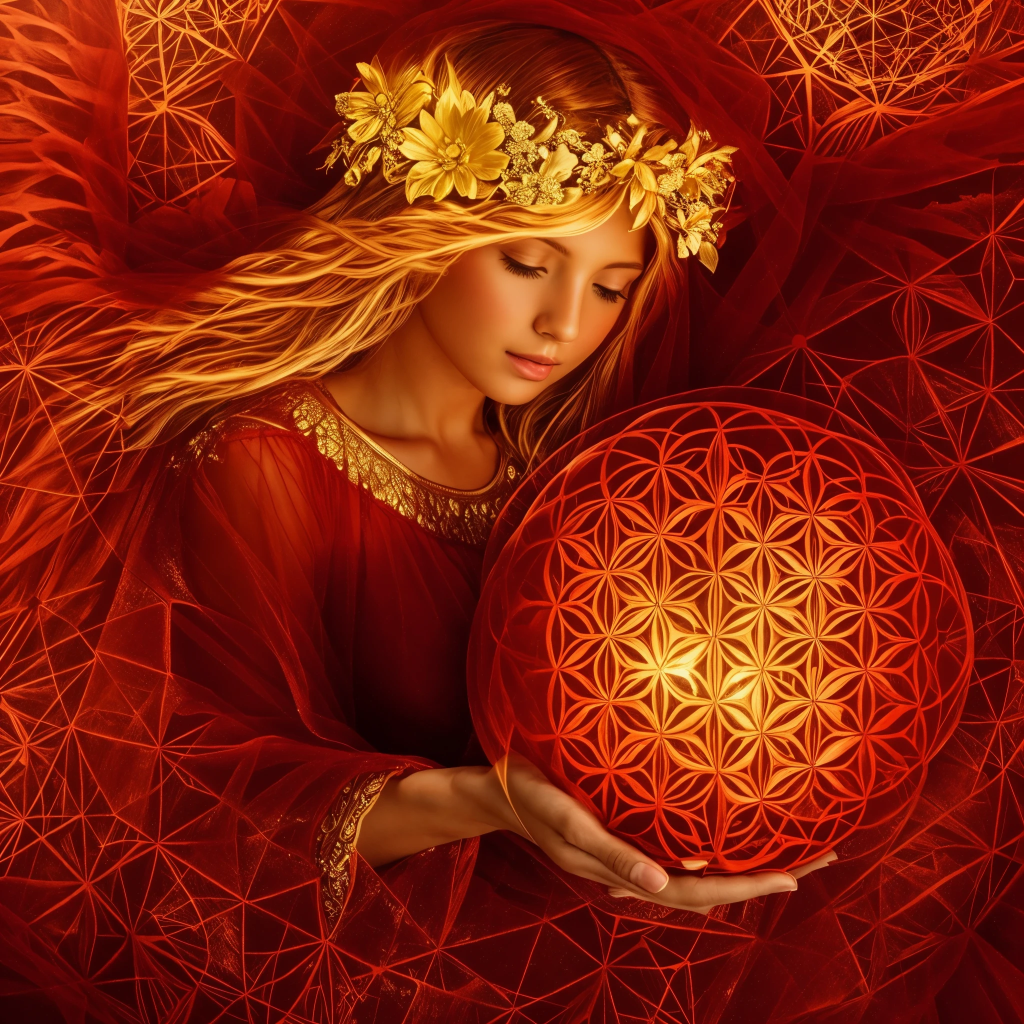 angel holding a bigflower of life ball with wings, flower of life, divine woman, etheric angelic light beings, A shining angel-like existence, Sacred geometry, sacred fractal structure, Having a Sacred Symbol, Sacred geometry, metatron, goddess. very high detail, arcane art, pure like an angel, have a sacred symbol, divine woman性, overlaid Sacred geometry