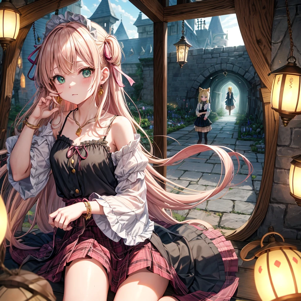 pink blonde、green eyes、one good looking girl、solo、anime、plaid mini skirt、the skirt has buttons、black camisole、black t-shirt、dress、wearing a ribbon、ribbon at waist、cloak、hood、clouds are swirling、stone slabs are piled up、raising one hand、crystal earrings、vegetable garden、monster castle、ceiling、golden key、jewelry necklace、Light and shadow、window、Hundreds of Ghosts at Night、lantern、sitting、legs crossed、mirror、tunnel、clock、Stuck in the wall、wind chimes、universe