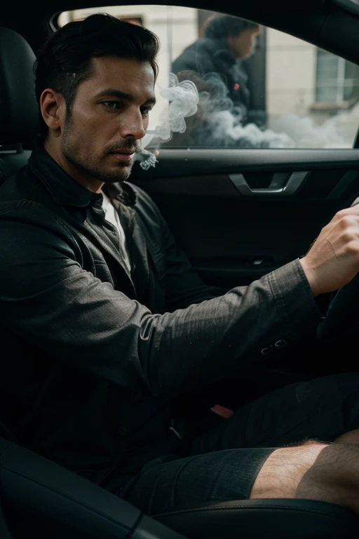 a man driving a car making smoke