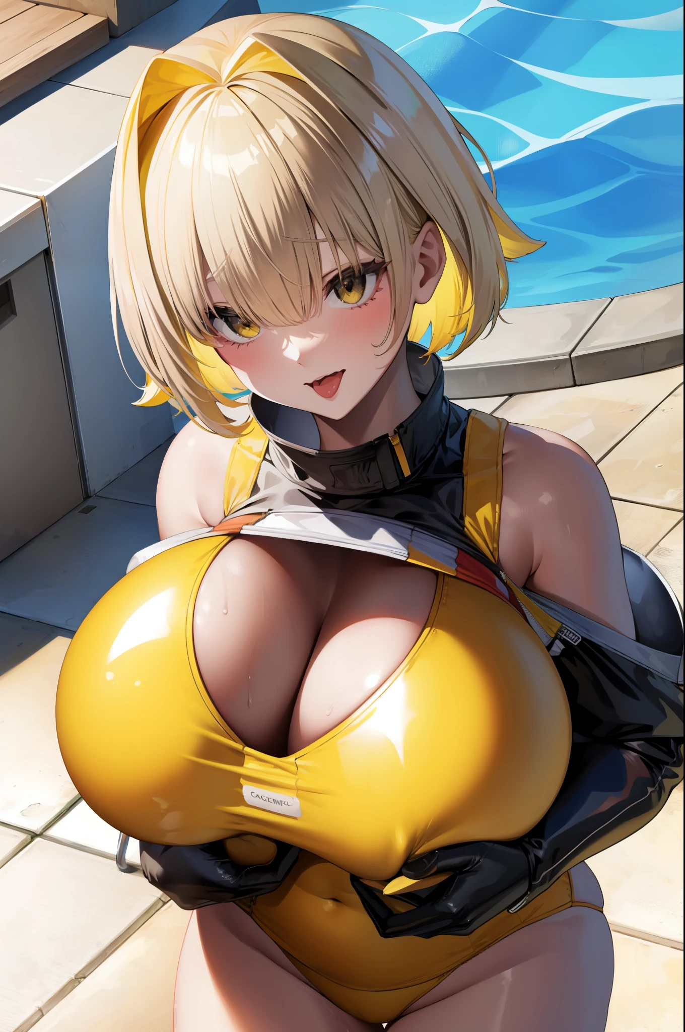 1girl, short hair, blonde hair, (the bangs cover the eyes), smug smile, BREAK (one piece yellow swimsuit), large breast BREAK swimming pool, BREAK holding a beach ball, BREAK (masterpiece:1.2), best quality, high resolution, 8k, detailed, extremaly detailed head, perfect lighting, (perfect hands, perfect anatomy), 