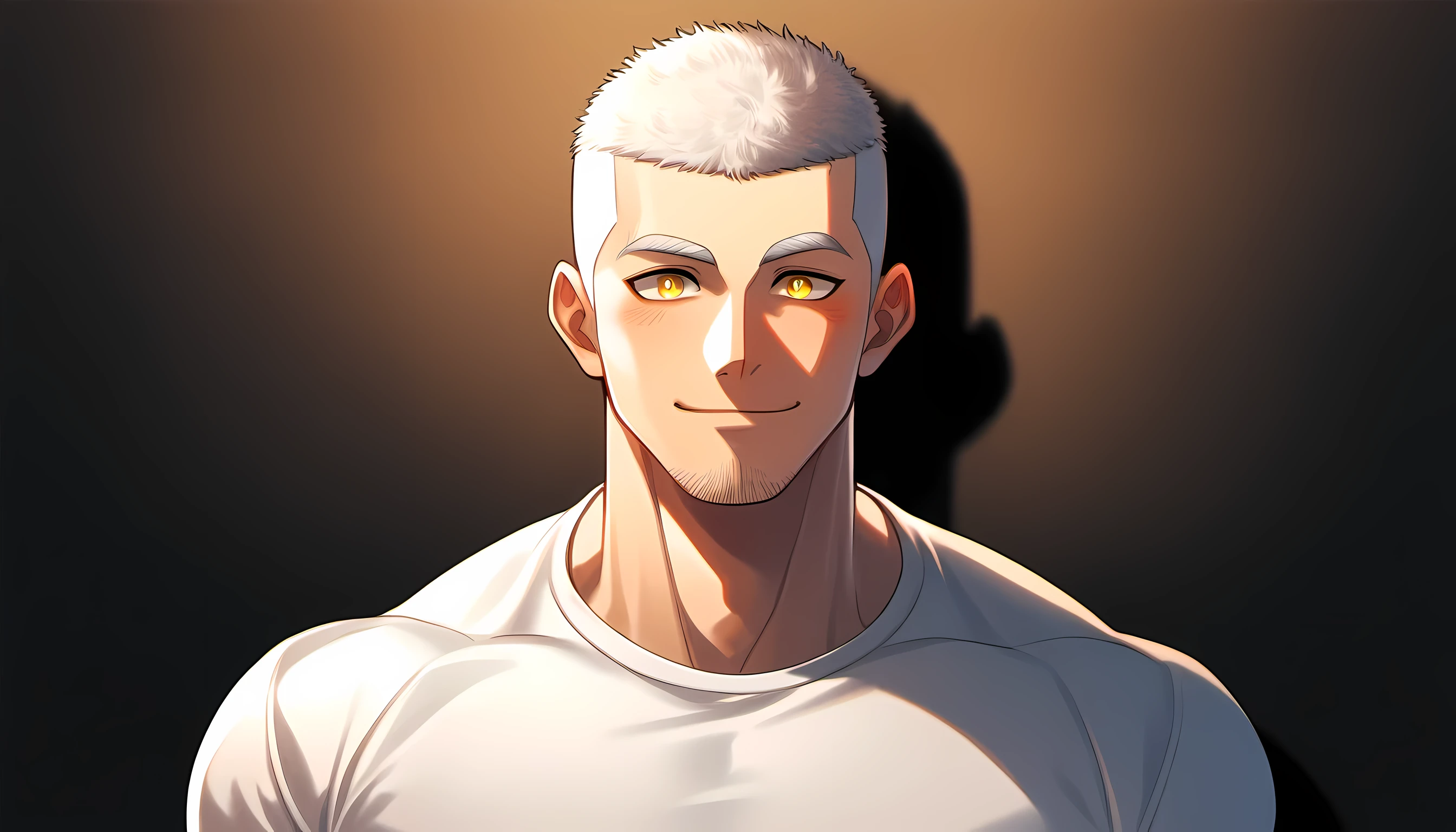 1 young muscular man, male focus, Slightly transparent tight T-shirt, white hair, buzz clip, muscular male, muscular, only, Upper body, alone, white short hair, stubble, yellow eyes, black background, simple background, amazing quality, best aesthetics, Ridiculous, bright pupils, short hair, Smile innocently, blush, matte texture, Exquisite and perfect students, shadow, best quality
