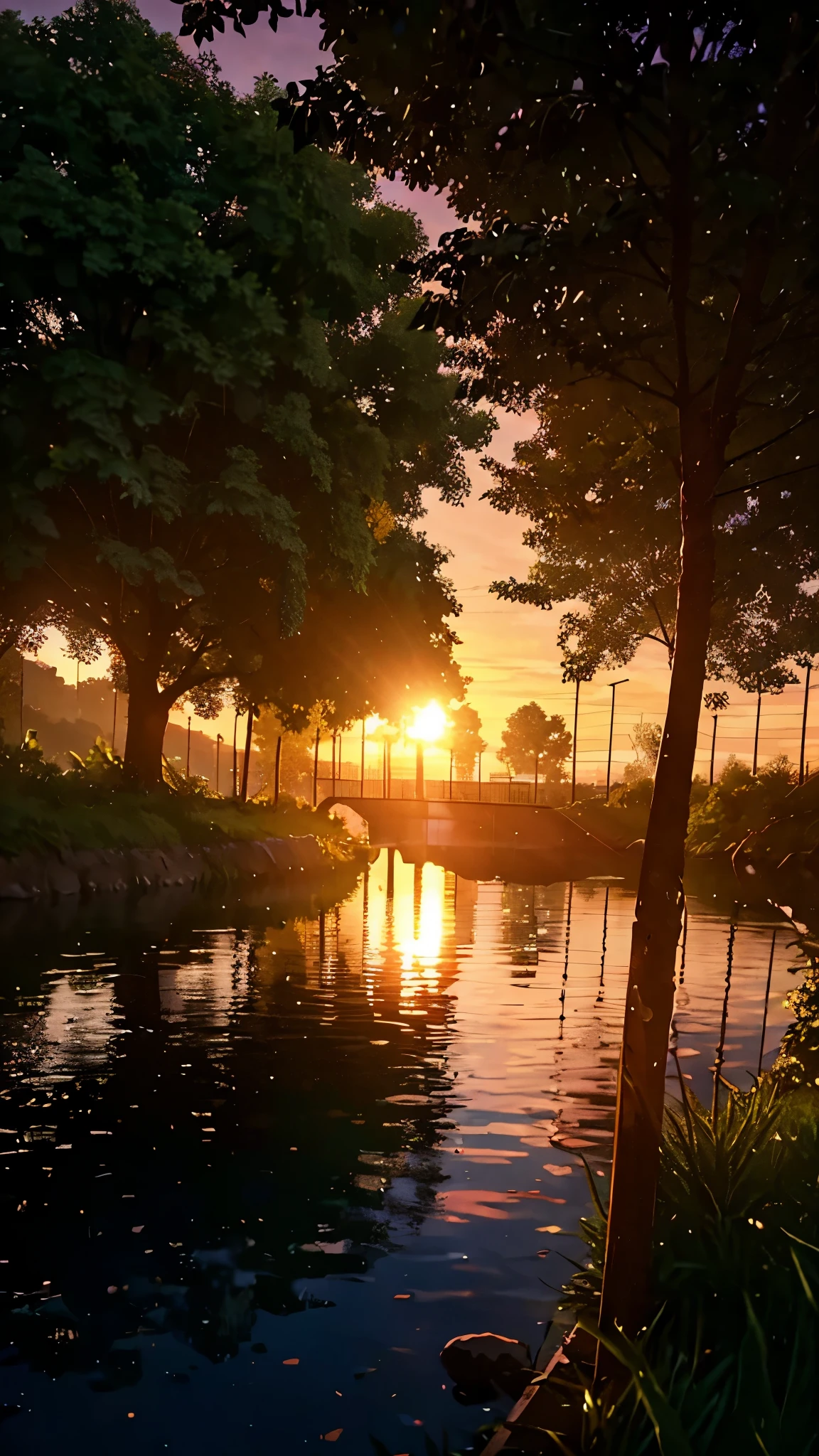 A beautiful evening scenario of a river side with sunset , some trees