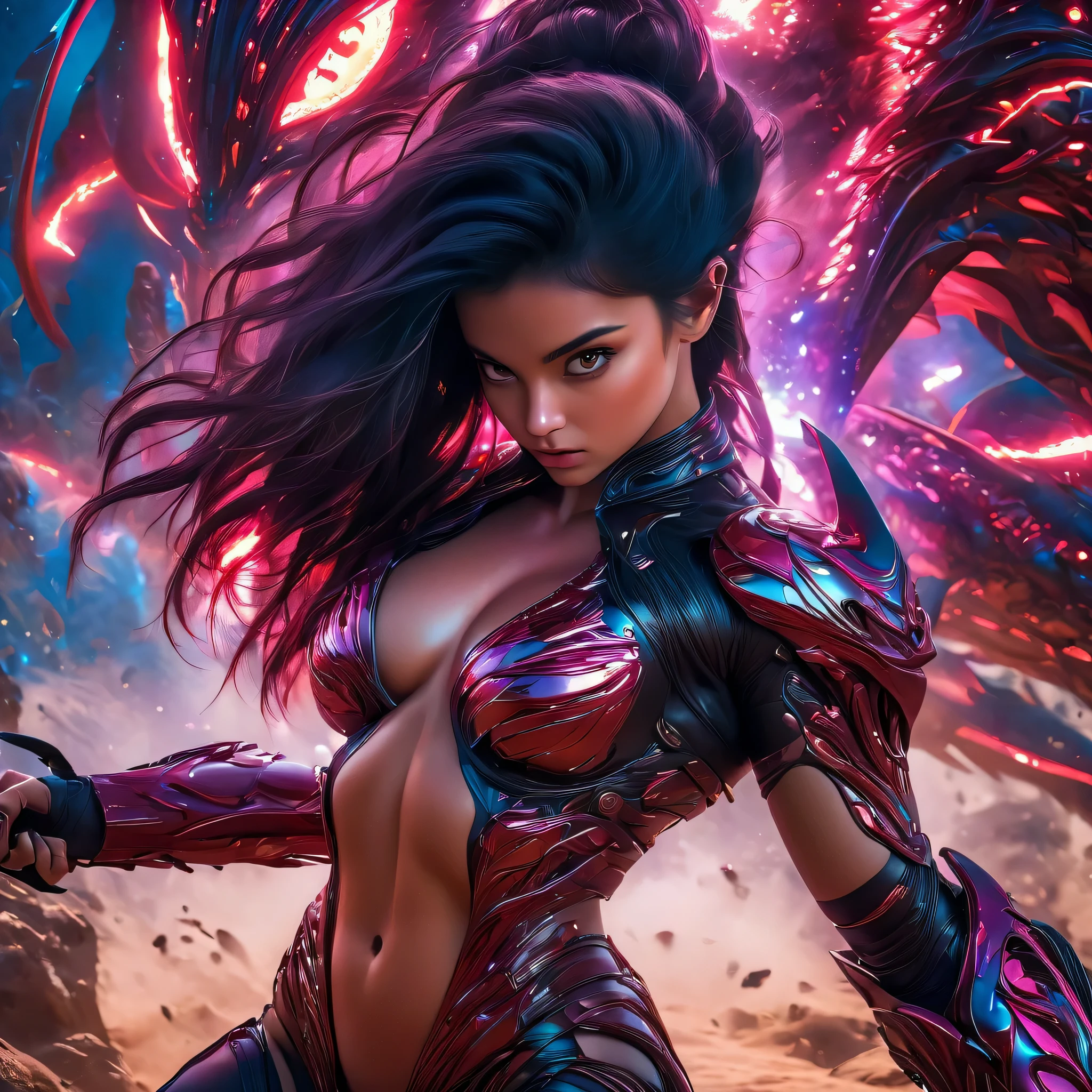 (highest quality,4k,High resolution,masterpiece:1.2),super detailed,(realistic,photorealistic:1.37),alien female predator, unparalleled exquisite beauty, Her intense gaze stares at her prey with the concentration of a hunter., Her long black nails are ready to pounce.. her thin, His muscular body was something to behold., Corner of her highly detailed figure々oozes energy and raw power from. her shining ruby eyes, the most beautiful face in the universe, surrounded by thick eyebrows, Sparkling with otherworldly charm. Her jet-black hair, symmetrically arranged, Shining under the rich, colorful lights that illuminated her surroundings.. her eyes, very detailed and vibrant, I held something enchanting, Seductive and intimidating gaze, muscular and toned body. (beautiful nipples:1.5),(beautiful abs:1.5), (she's on a battlefield on another planet:1.5), (NSFW:1.4), (Wearing a complex nano-armor suit with a fractal design:1.4), (cinematic lighting, Depth of the bounds written:1.5), (made using ancient techniques、A nano suit with a fractal design that expresses the stomach and chest.:1.4).