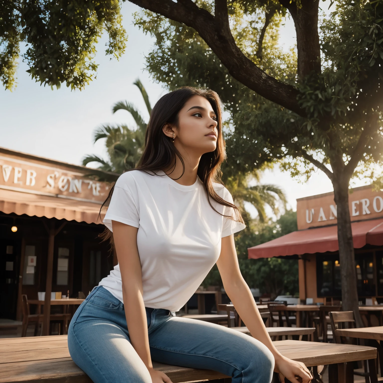 cinematic bloom,Raw photo, realistic,girl, brown girl,age 24, full body,pale skin, body, beautiful face, detailed face,black round neck plain Tee-shirt, big breasts, upper body, sitting, cowboy shot, outdoor, night, restaurant, ((looking at viewer:1.4)),((face towards me)), from below,side profile, tight jeans, beautiful feets showing, studio shoot, fashion shoot,