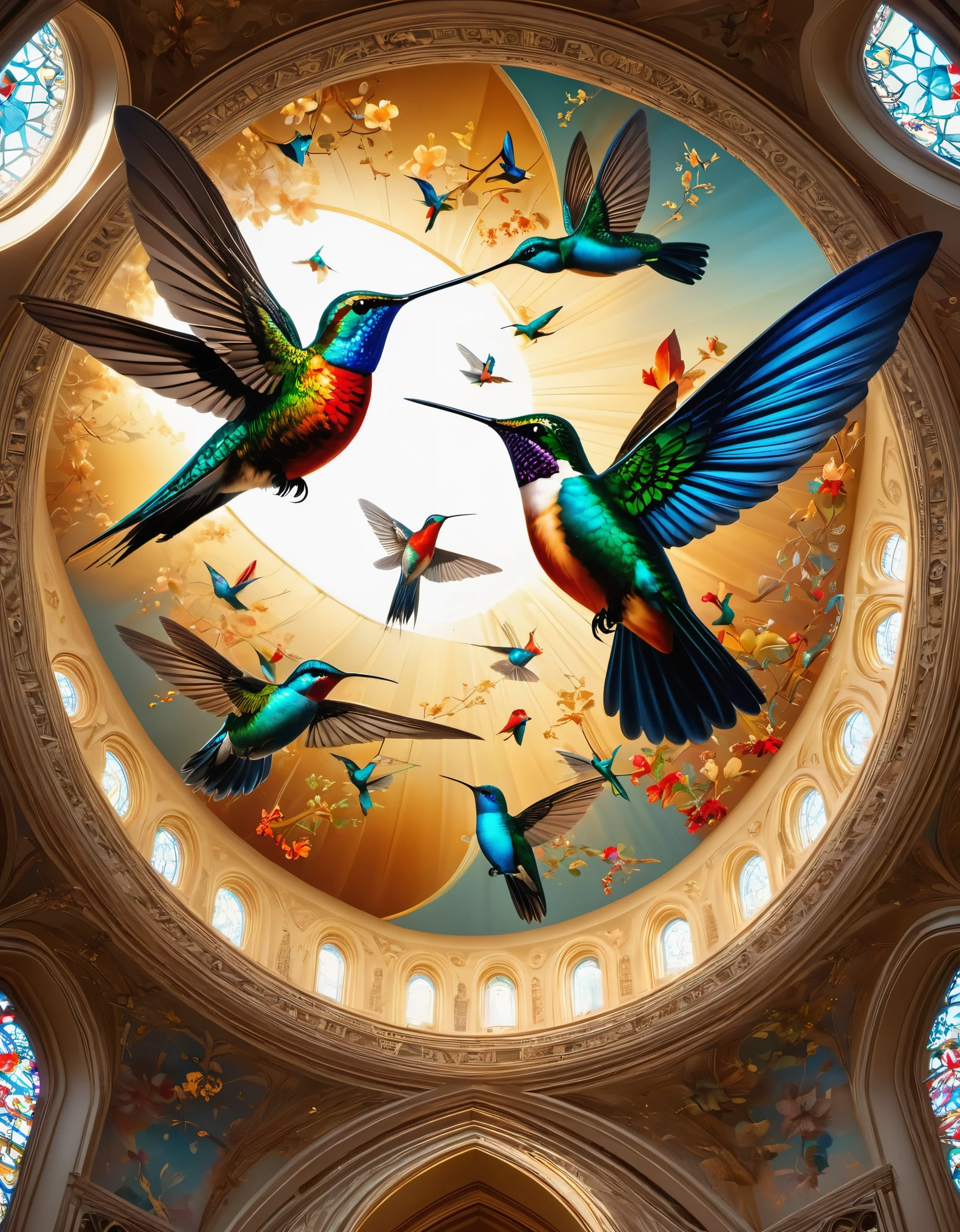 The magnificent church dome with glass colored and beautiful hummingbirds,
Octane rendering, corona rendering, V-Ray, high detail, surrealism, high-definition, 16K, Sandpainting, ultra wide angle, up view, dramatic lighting divine light,