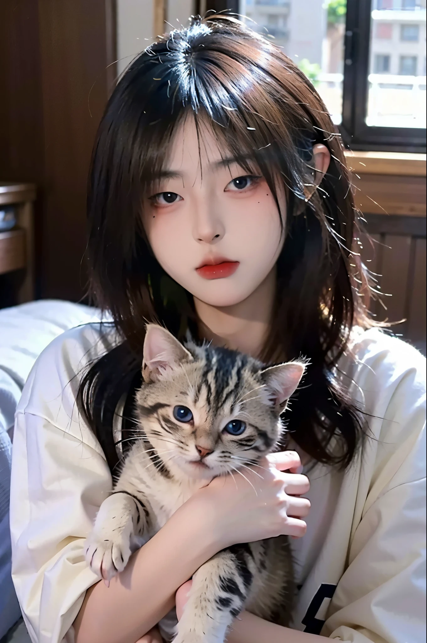 (8k, RAW photo:1.2)detailed face and eyes,最high quality, 超A high resolution, very detailed ,intricate details、bedroom、Holding a kitten、pretty girl , soft movie-like light, hyper detail,sharp focus, high quality, dripping from