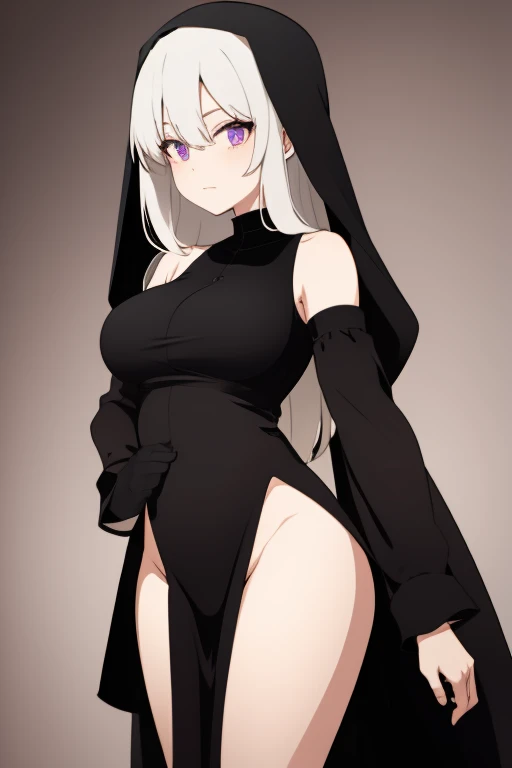 Lily is a 175 cm tall, 25 years old female. She have white shoulder-length hair and violet eyes. She have medium chest and slightly plump butt. Wearing sexy nun outfit, anime, 4k quality, HD
