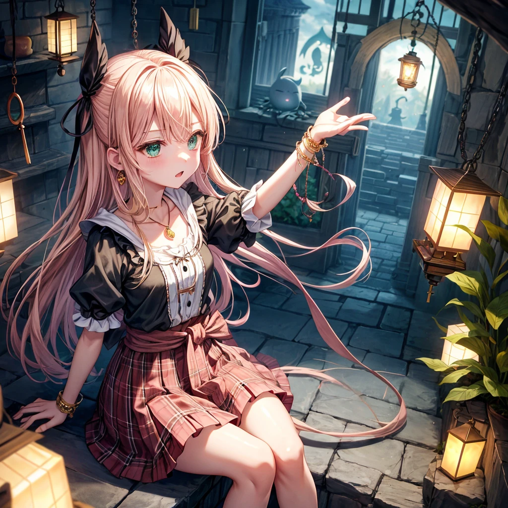 pink blonde、green eyes、one good looking girl、solo、anime、plaid mini skirt、the skirt has buttons、black camisole、black t-shirt、dress、wearing a ribbon、ribbon at waist、cloak、hood、clouds are swirling、stone slabs are piled up、raising one hand、crystal earrings、vegetable garden、monster castle、ceiling、golden key、jewelry necklace、Light and shadow、window、Hundreds of Ghosts at Night、lantern、sitting、legs crossed、mirror、tunnel、clock、Stuck in the wall、wind chimes、universe、skeletal specimen