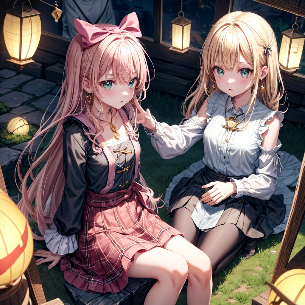 pink blonde、green eyes、one good looking girl、solo、anime、plaid mini skirt、the skirt has buttons、black camisole、black t-shirt、dress、wearing a ribbon、ribbon at waist、cloak、hood、clouds are swirling、stone slabs are piled up、raising one hand、crystal earrings、vegetable garden、monster castle、ceiling、golden key、jewelry necklace、Light and shadow、window、Hundreds of Ghosts at Night、lantern、sitting、legs crossed、mirror、tunnel、clock、Stuck in the wall、wind chimes、universe、skeletal specimen