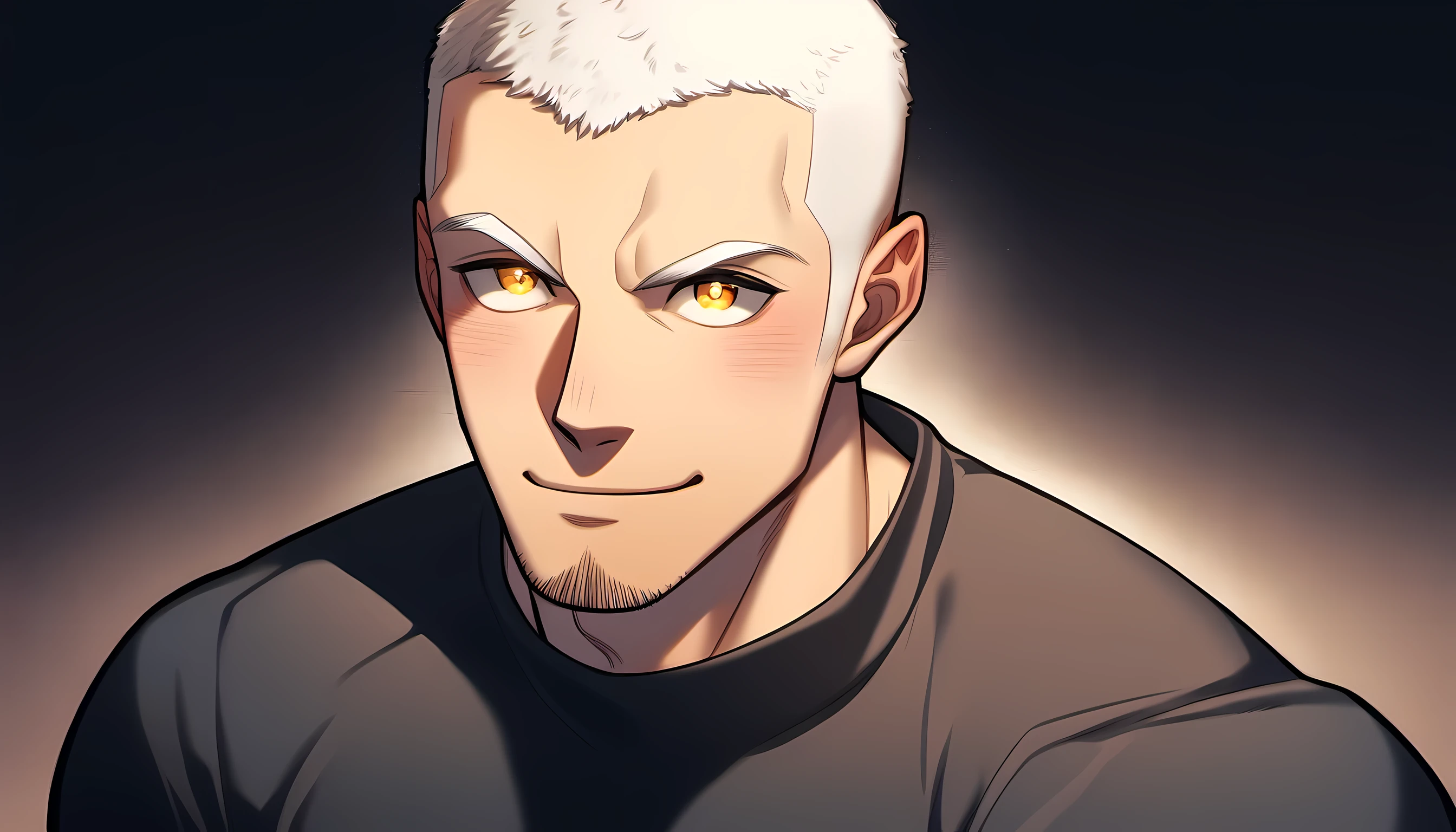 1 young muscular man, male focus, Slightly transparent tight T-shirt, white hair, buzz clip, muscular male, muscular, only, Upper body, alone, white short hair, stubble, yellow eyes, black background, simple background, amazing quality, best aesthetics, Ridiculous, bright pupils, short hair, Smile innocently, blush, matte texture, Exquisite and perfect students, shadow, best quality