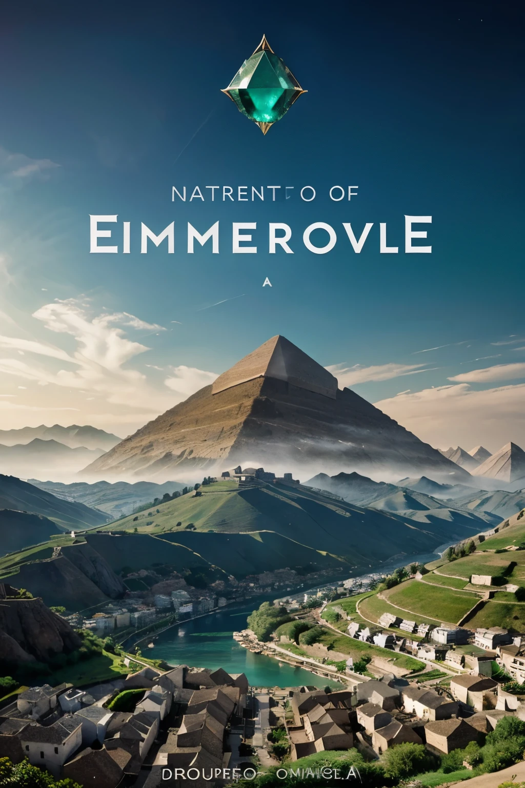 /imagine prompt:Generate an image for a book cover , this image shows a modern town free from corruption and looks beautiful and organized , also this village is named " Emerald village " and so a big Emerald stone is surrounding it and at the center of this town the word " egypt " in arabic letters is carved in the middle of it  , i wonder how this village would look like . 