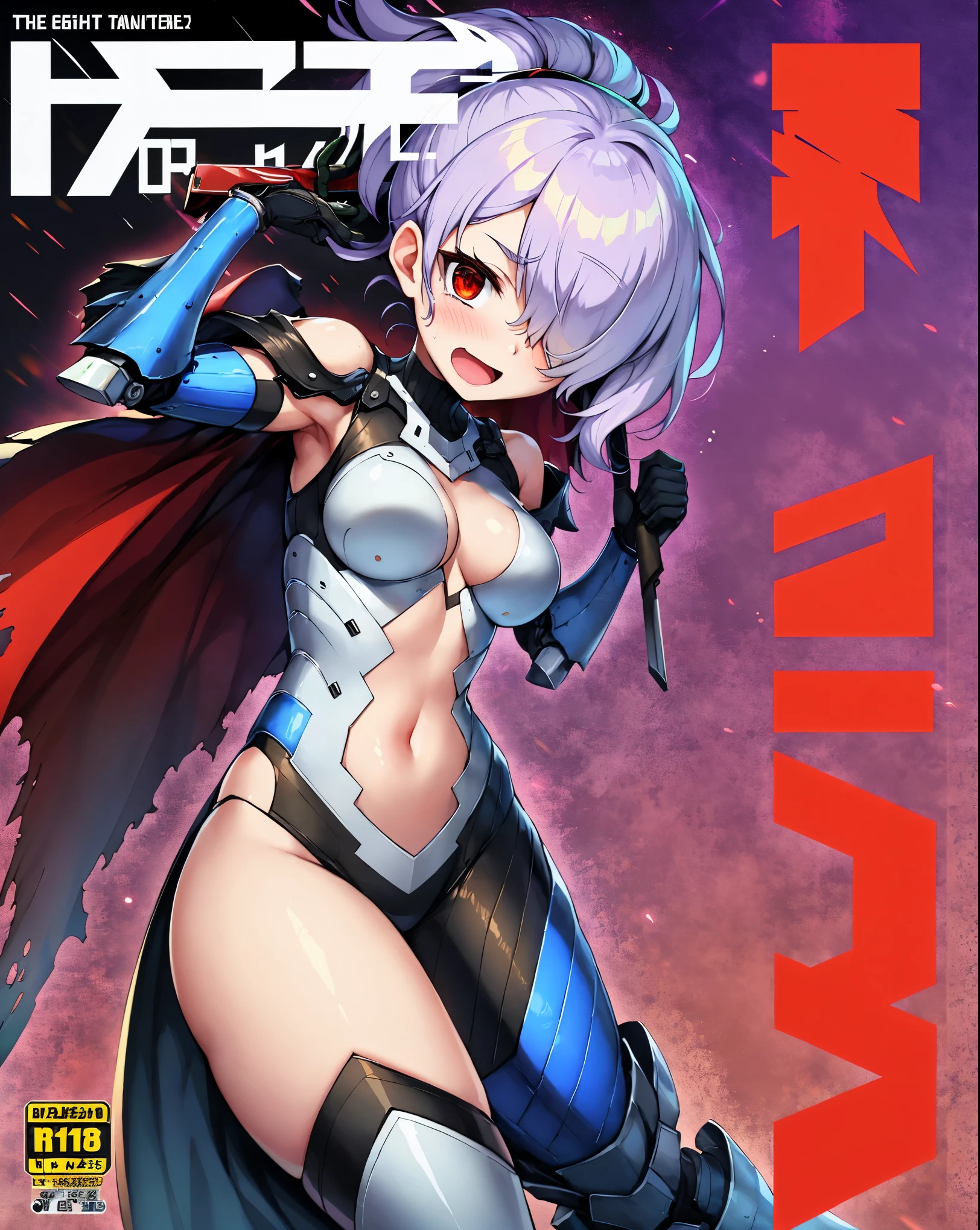 ,1girl,(:1.5), (short_ponytail:1.3), (light_whitish_purple_hair:1.3),black_mechanical_armor_parts,white_breasts_parts_red_black_body_suit,bare_shoulder,bare_slender_thighs,medium_breasts,city_background,Stinging_eyes,sleepy,thighhigh_greaves,gauntlets,dynamic_posing,bare_frank,metal_red_parts_armor,red_eye,solo,
fists,hold_weapon,glare,navel,large_mechanical_parts,happy,waist_armor,open_mouth,rise_legs,apart_legs, (covered_navel:1.3),(very_long_bangs:1.3), (hair_over_one_eye:1.5),(long_bang_covers_right_half_of_face:1.5),
(covered_pussy:1.1),covered_breasts,fighting,