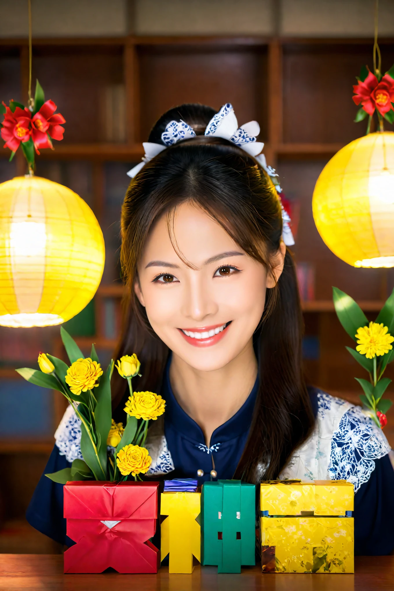 1 smiling oriental female teacher in the classroom,flowers and gifts,( Volumetric lighting, Tone mapping, sharp focus,chiaroscuro,Ray tracing)