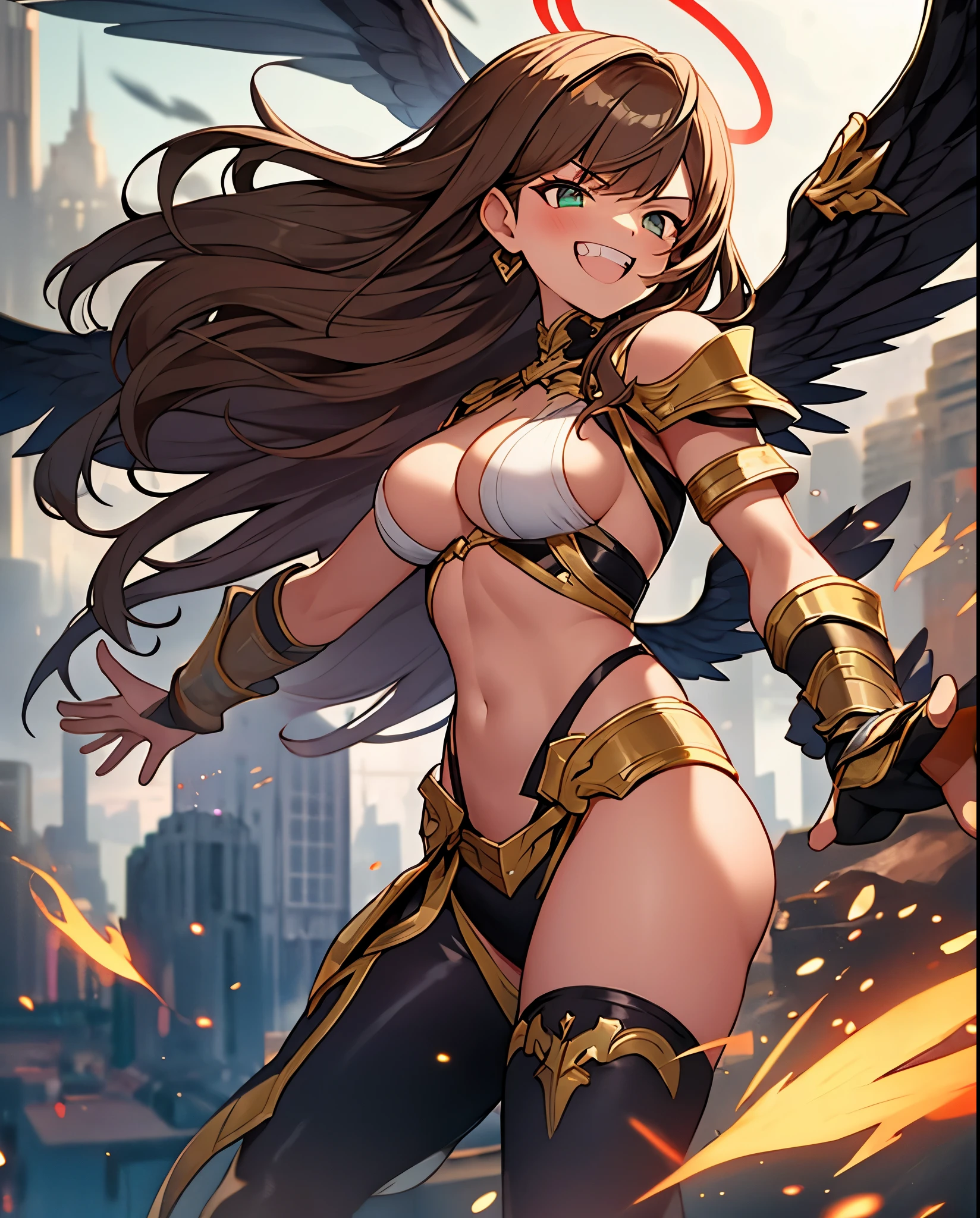 fantasy, 1angel_girl,, ,brown_hair, medium_bob_hair, long_bangs, halo,bare_shoulder,thighhighs,silver_armor, waist_armor, large_breasts,angry,grinning,open_mouth_teeth, 1pair_wings, dynamic_pose_fighting,floating, bare_crotch, headgear,gauntlet, greaves,city_background,slightly_spread_legs, solo, groin_naked,