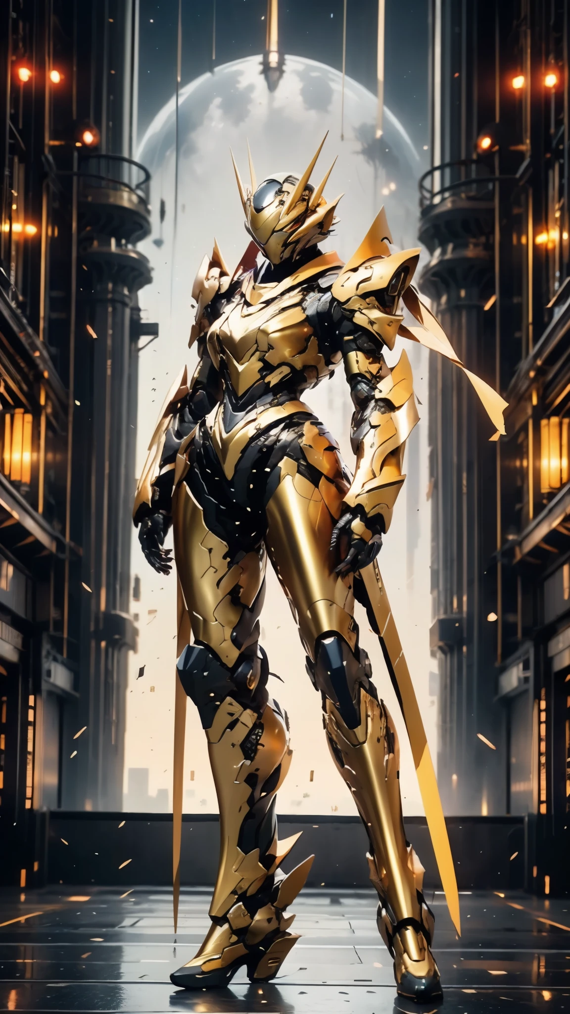 A woman adorned in fantasy-style full-body armor, a crown-concept fully enclosed helmet that unveils only her eyes, a composite layered chest plate, fully encompassing shoulder and hand guards, a lightweight waist armor, form-fitting shin guards, the overall design is heavy-duty yet flexible, ((the armor gleams with a golden glow, complemented by red and blue accents)), exhibiting a noble aura, she floats above the Futuristic city, this character embodies a finely crafted fantasy-surreal style armored hero in anime style, exquisite and mature manga art style, (Queen bee mixed with Spider concept Armor, photorealistic:1.4, real texture material:1.2), ((city night view, elegant, goddess, femminine:1.5)), metallic, high definition, best quality, highres, ultra-detailed, ultra-fine painting, extremely delicate, professional, anatomically correct, symmetrical face, extremely detailed eyes and face, high quality eyes, creativity, RAW photo, UHD, 32k, Natural light, cinematic lighting, masterpiece-anatomy-perfect, masterpiece:1.5